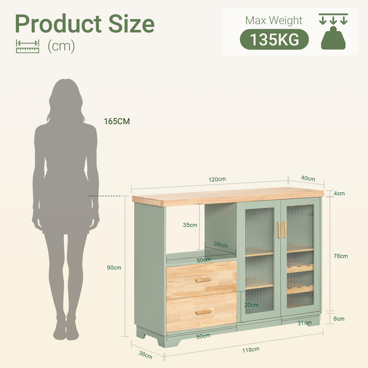 SIDEBOARD Grün, 120 cm breit, Arbeitsplatte aus Gummibaumholz, Glastüren mit Weinglas-Halterung und Flaschenregal, 2 Schubladen - Grün, Glas/Holz (120/90/40cm) - SoBuy