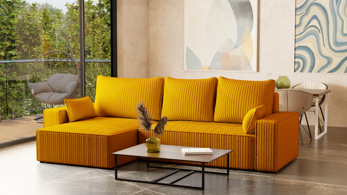 ECKSOFA Tobi mit Bettkasten und Schlaffunktion, L-Form/XL-Form, Cordstoff, Universal - Kupferfarben, Holzwerkstoff (276/145cm) - 4ALL HOME