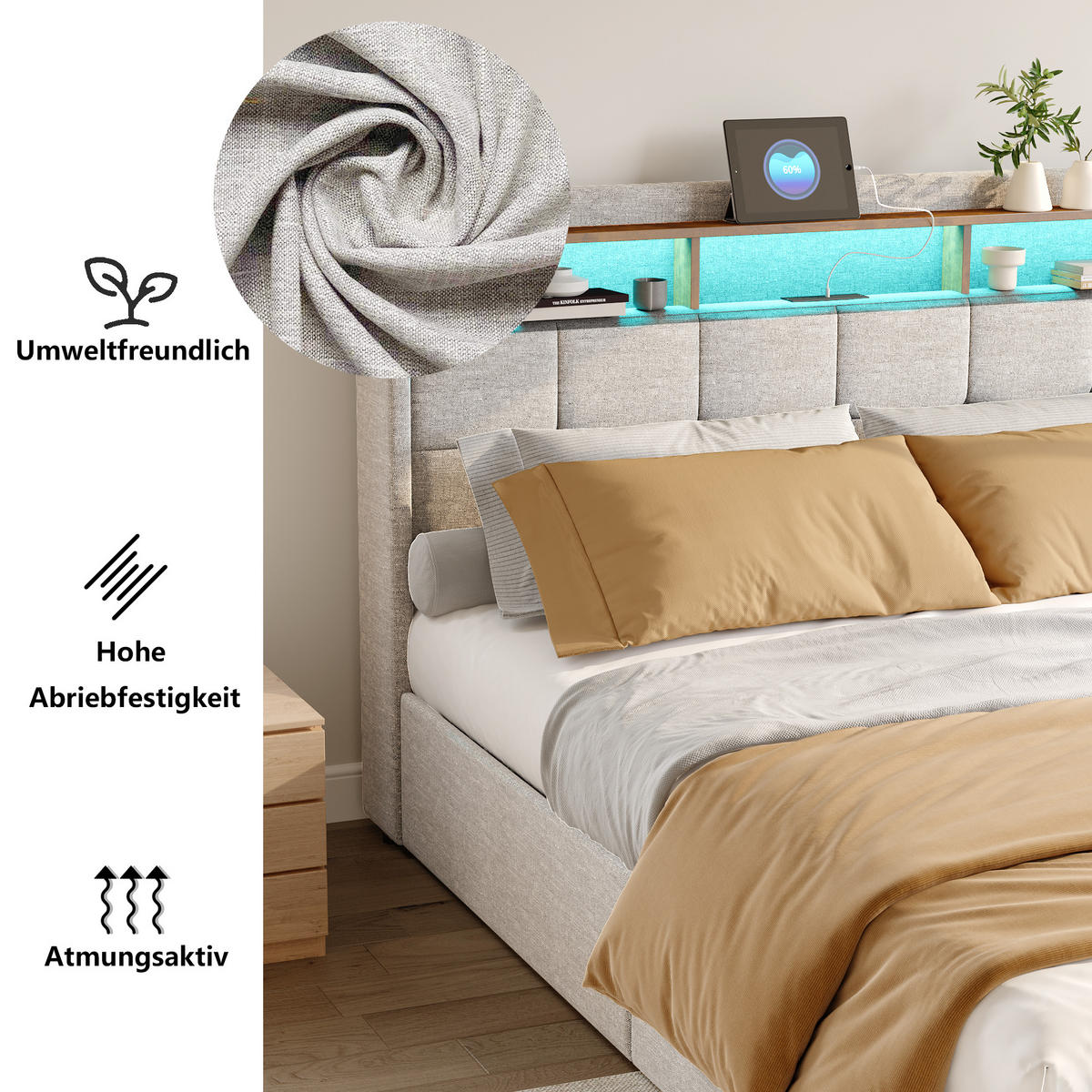 POLSTERBETT 140x200 cm mit Stauraumkopf und 4 Schubladen, LED-Leisten, USB-/Typ-C, Leinenstoff, Beige - Beige, Holz (140/200cm) - BRILVERDE