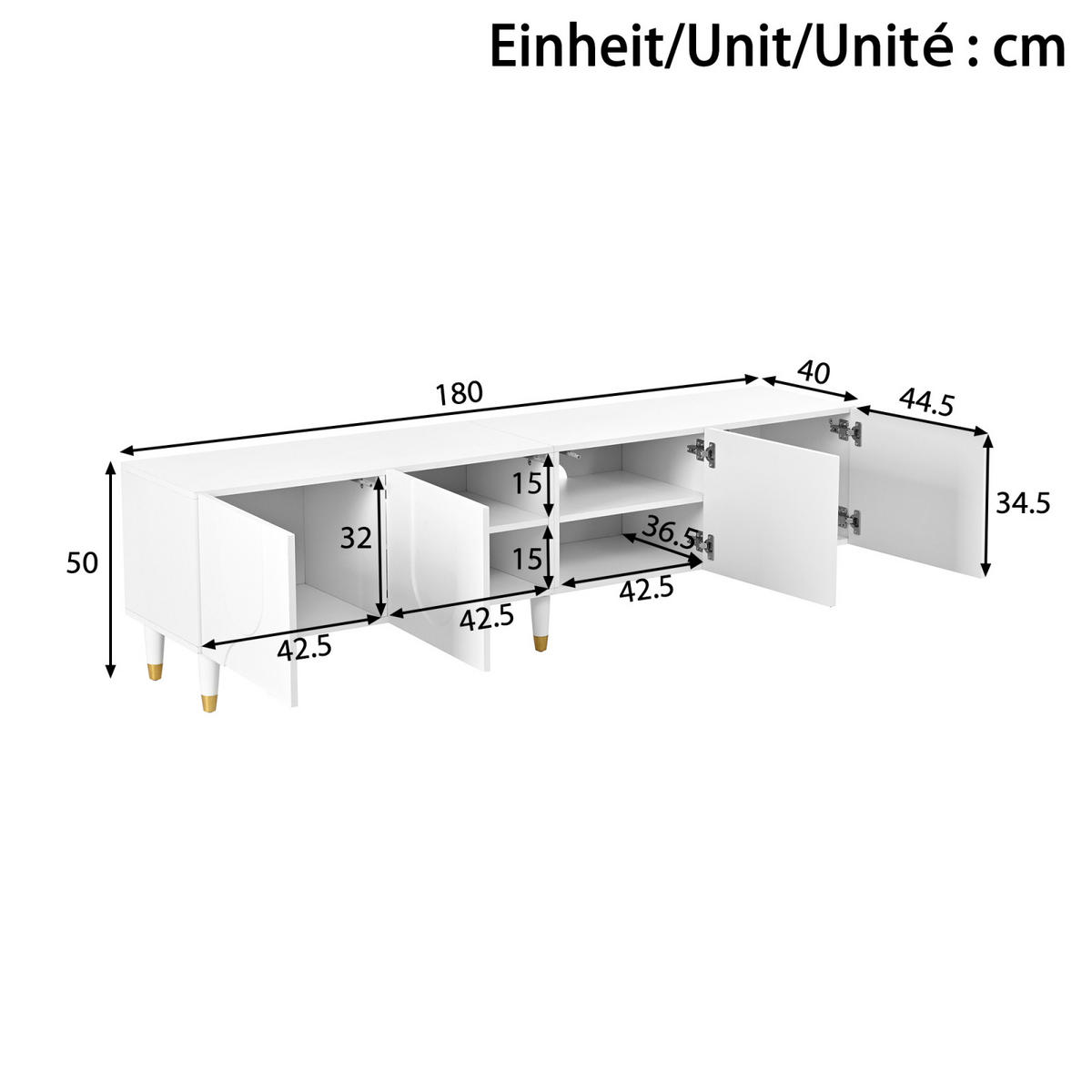 TV-LOWBOARD 180 x 40 x 50 cm aus MDF, 4 Türen, asymmetrische Bogenfront, Weiß - Weiß, Holzwerkstoff (180/50/40cm)