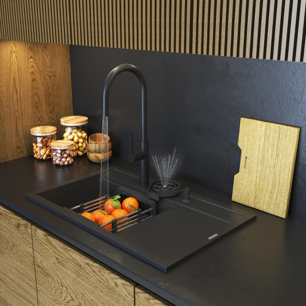 KÜCHENSPÜLE Rendo mit Siphone Batterie - Schwarz, Kunststoff/Stein (51/22/81cm) - Granitan