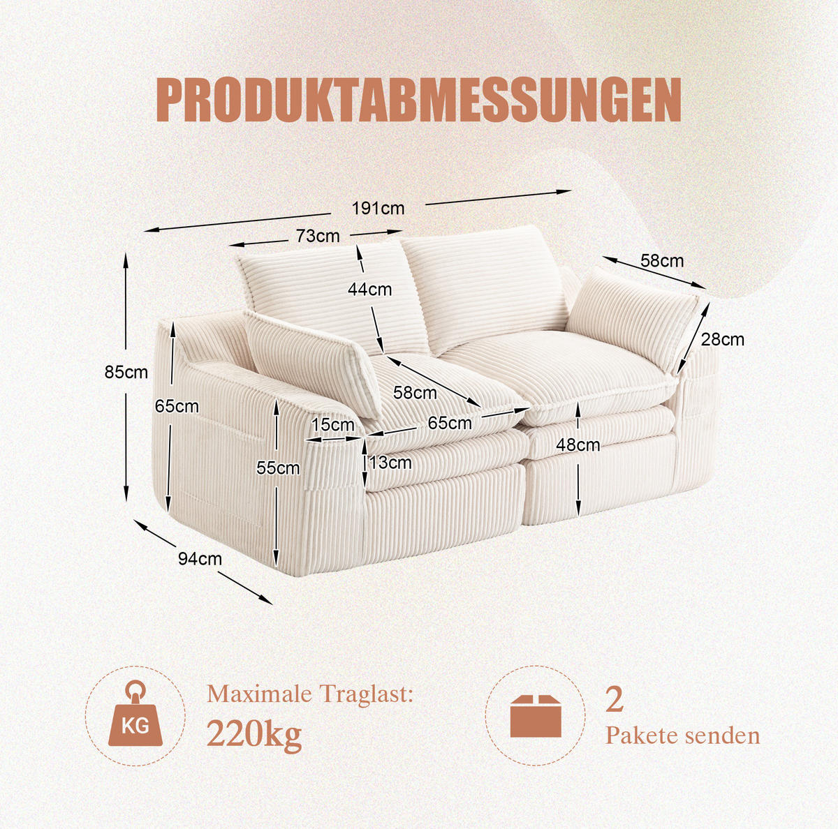 2-SITZER Sofa 191/94/85 cm mit Seitentaschen, Kissen und Federkern, Cordbezug, Beige - Beige, Textil (191/85/94cm) - Redom