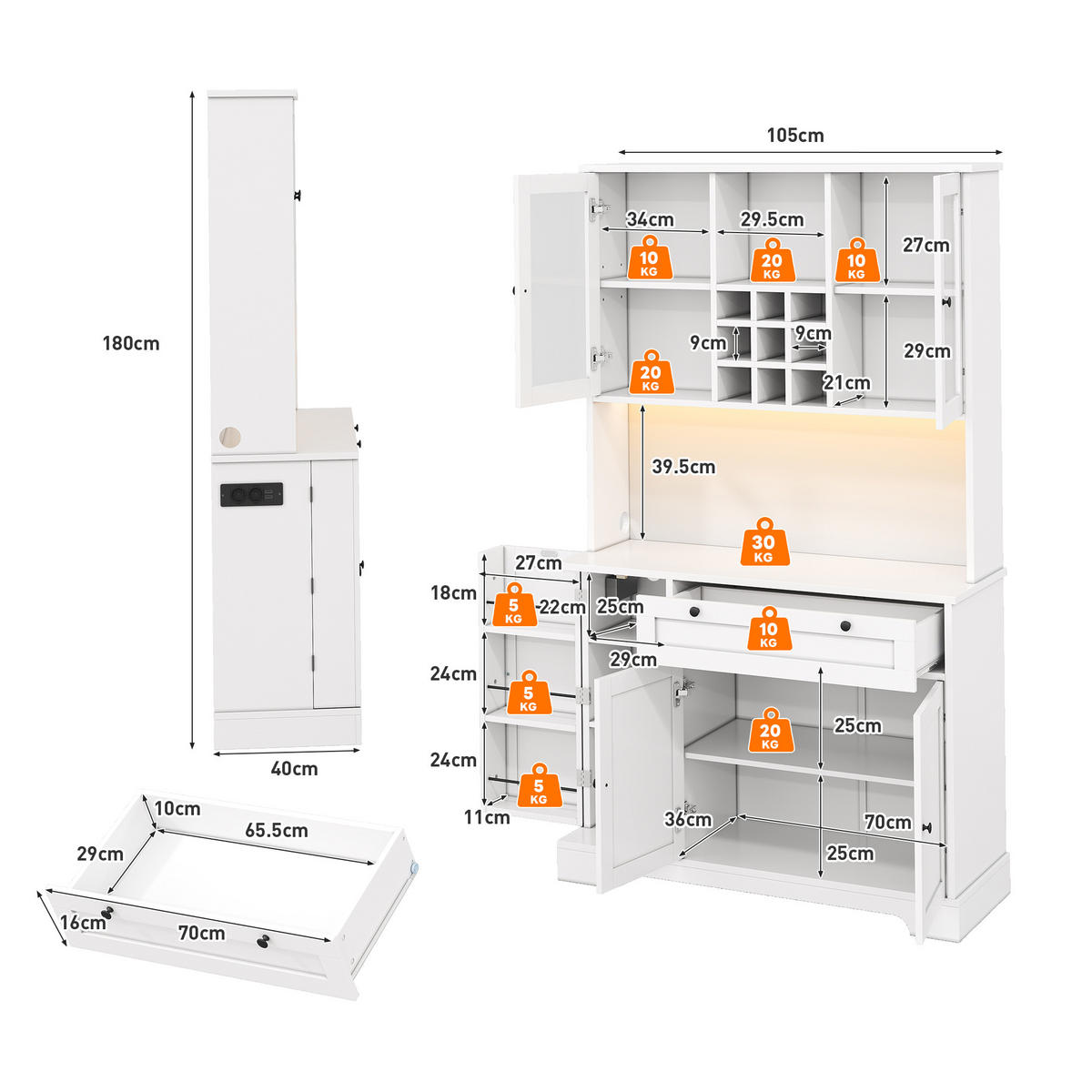 BUFFET 105/40/180 cm Weiß aus MDF mit LED und Steckdose - Weiß, Holzwerkstoff (105/180/40cm) - OKWISH