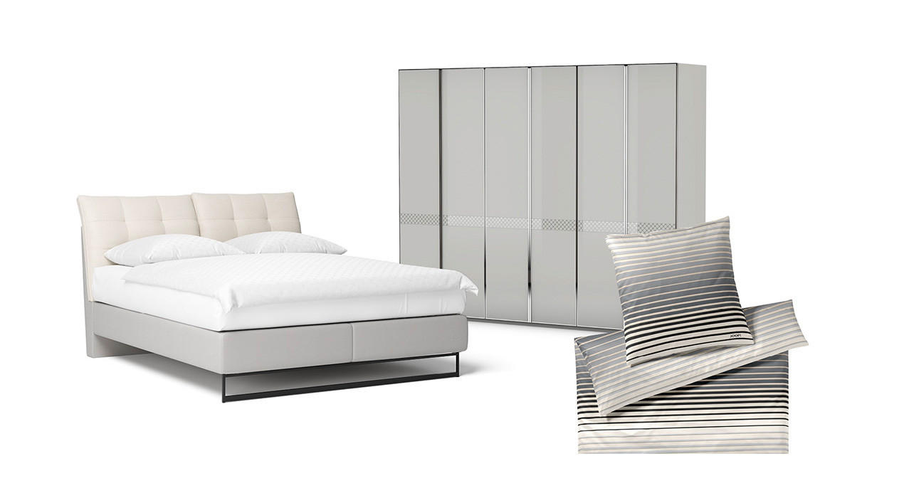 bett, schrank, und Bettwäsche in grau als Freisteller