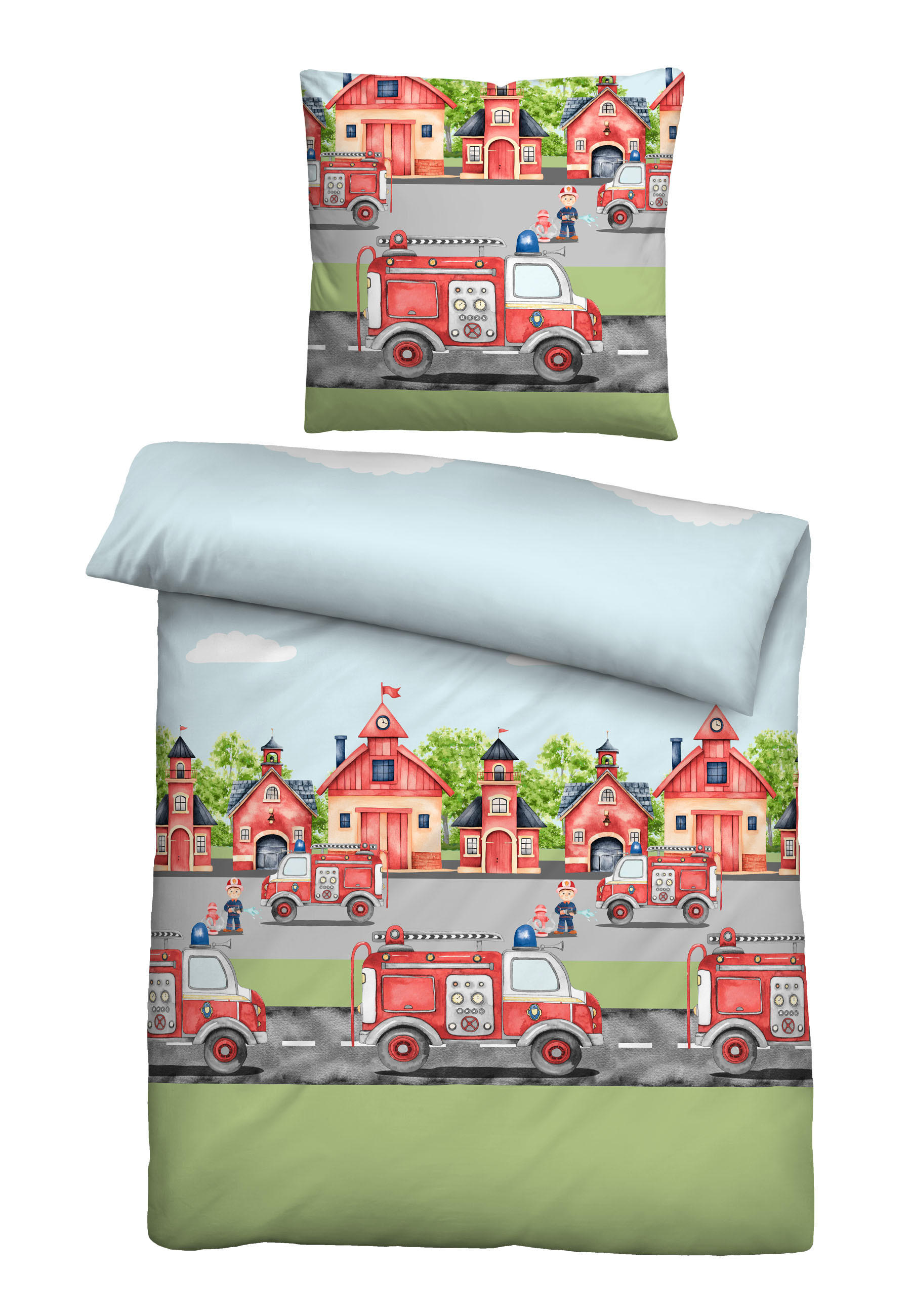 BETTWÄSCHE-GARNITUR Biber Feuerwehr pistaziengrün, 135x200 cm + 80x80 cm - Hellgrün, Textil (135/200cm) - biberna