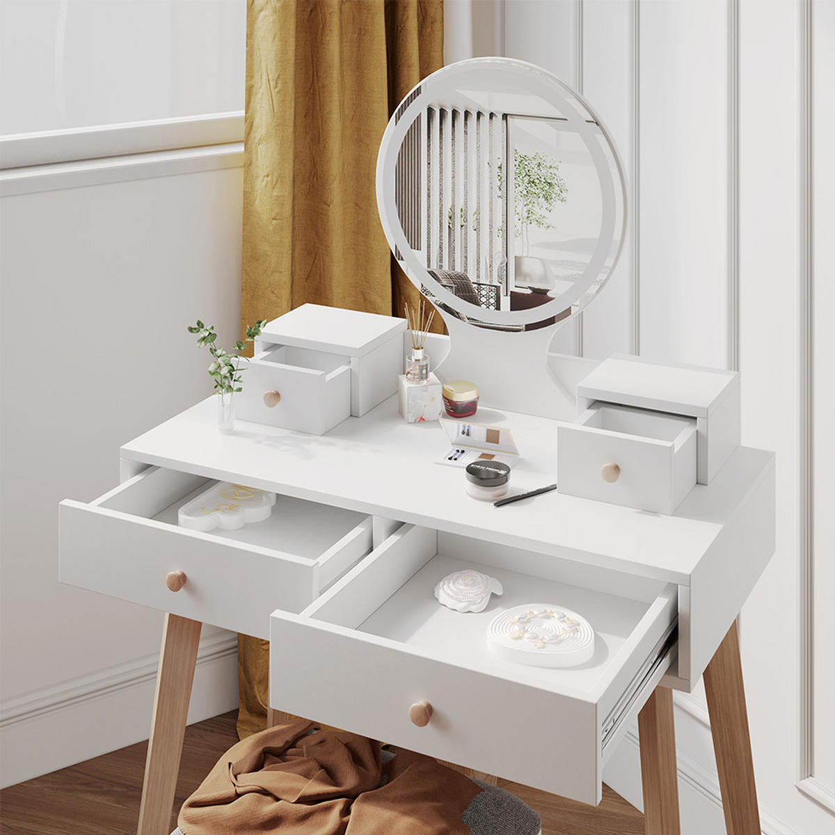 SCHMINKTISCH Finya Weiß 80 cm mit LED Spiegel und Hocker - Weiß, Holzwerkstoff (80/127.5/41cm) - Vicco