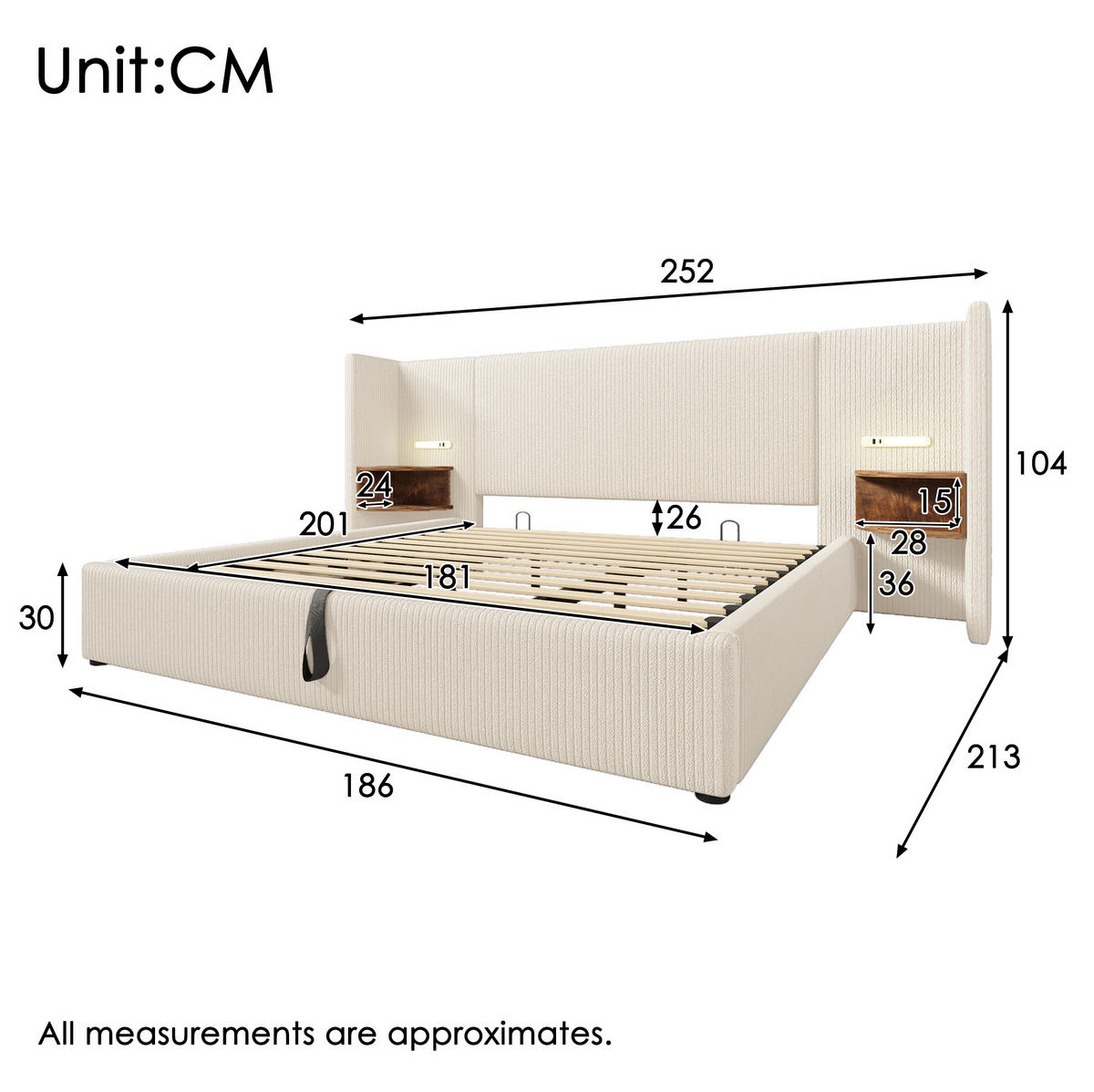 ČALÚNENÁ posteľ 180/200 cm s nočným panelom, LED čítacou lampou a USB/Type-C nabíjaním, úložný priestor, Beige-Weiß - béžová, textil (180/200cm) - Redom