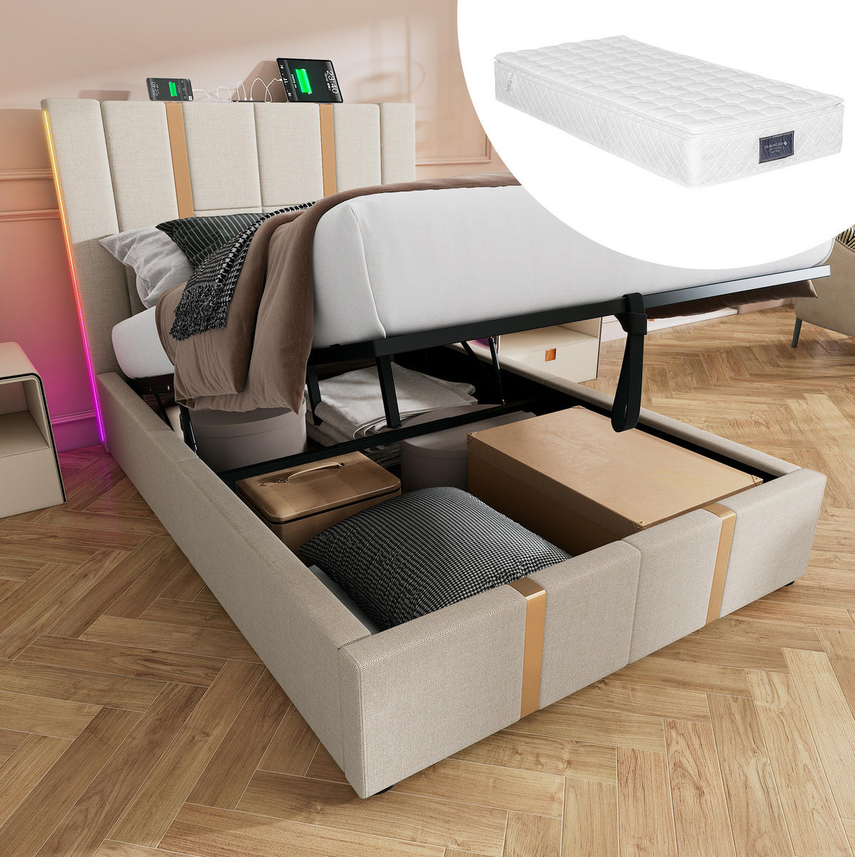 POLSTERBETT 90/200 cm mit Bettkasten, LED und USB/Type-C in Beige - Beige, Textil (90/200cm) - BEAOK