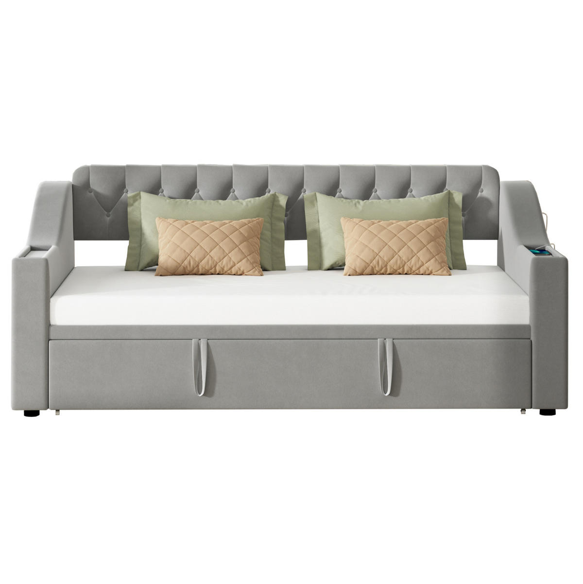 SCHLAFSOFA 90/190 cm mit Ausziehfunktion, USB- und Typ-C-Anschluss sowie Stauraumarmlehnen, Grau - Grau, Textil (98.5/78.5/215cm) - Redom