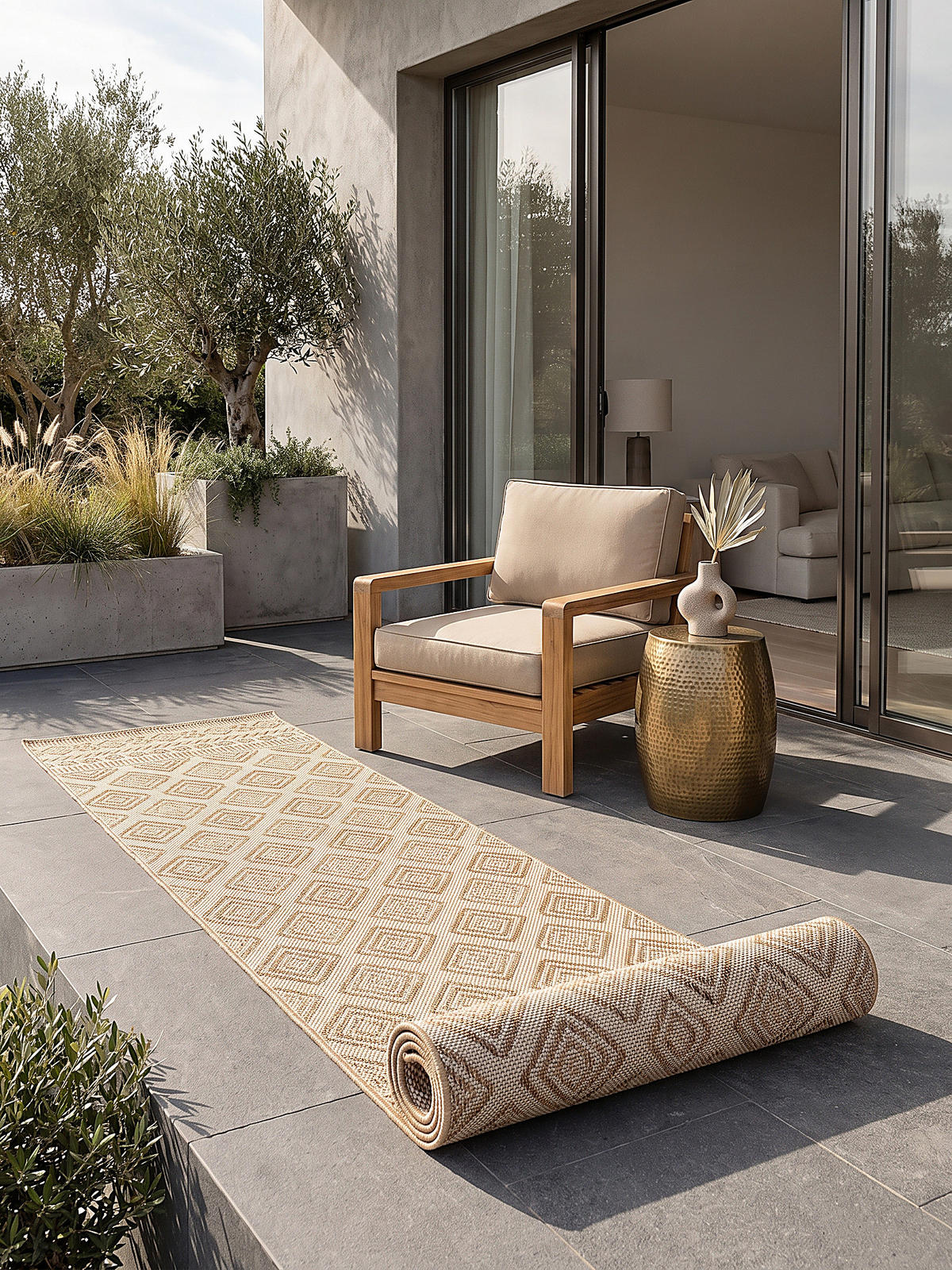LÄUFER Outdoor, Fußbodenheizung-geeignet, mit Rautenmuster, VIGOLENO in Beige-Braun, 80 x 250 cm - Beige, Textil (80/250cm) - KADIMA DESIGN