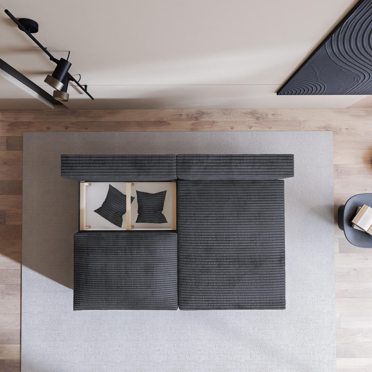 ECKSOFA FIORO Graphitfarben Kordstoff mit Schlaffunktion - Graphitfarben, Holz (204/148cm) - MASSENO