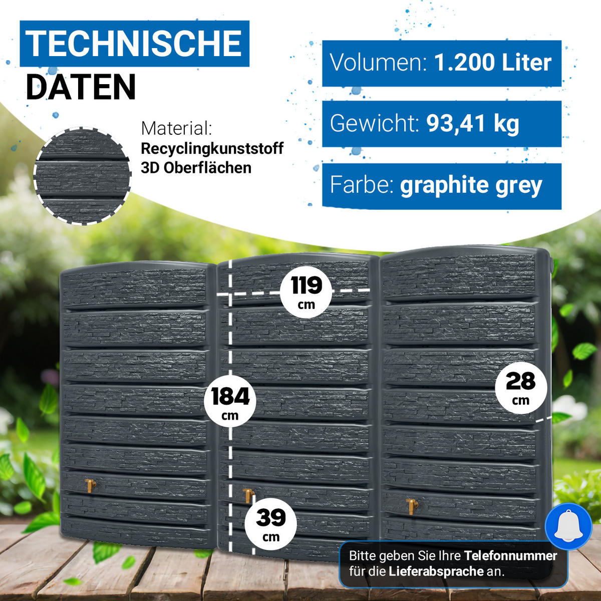 WANDTANK-SET 1200 L graphite grey 3 x 400 L inkl. Verbindungsset - Grau, Kunststoff (377/184/28cm) - 4rain