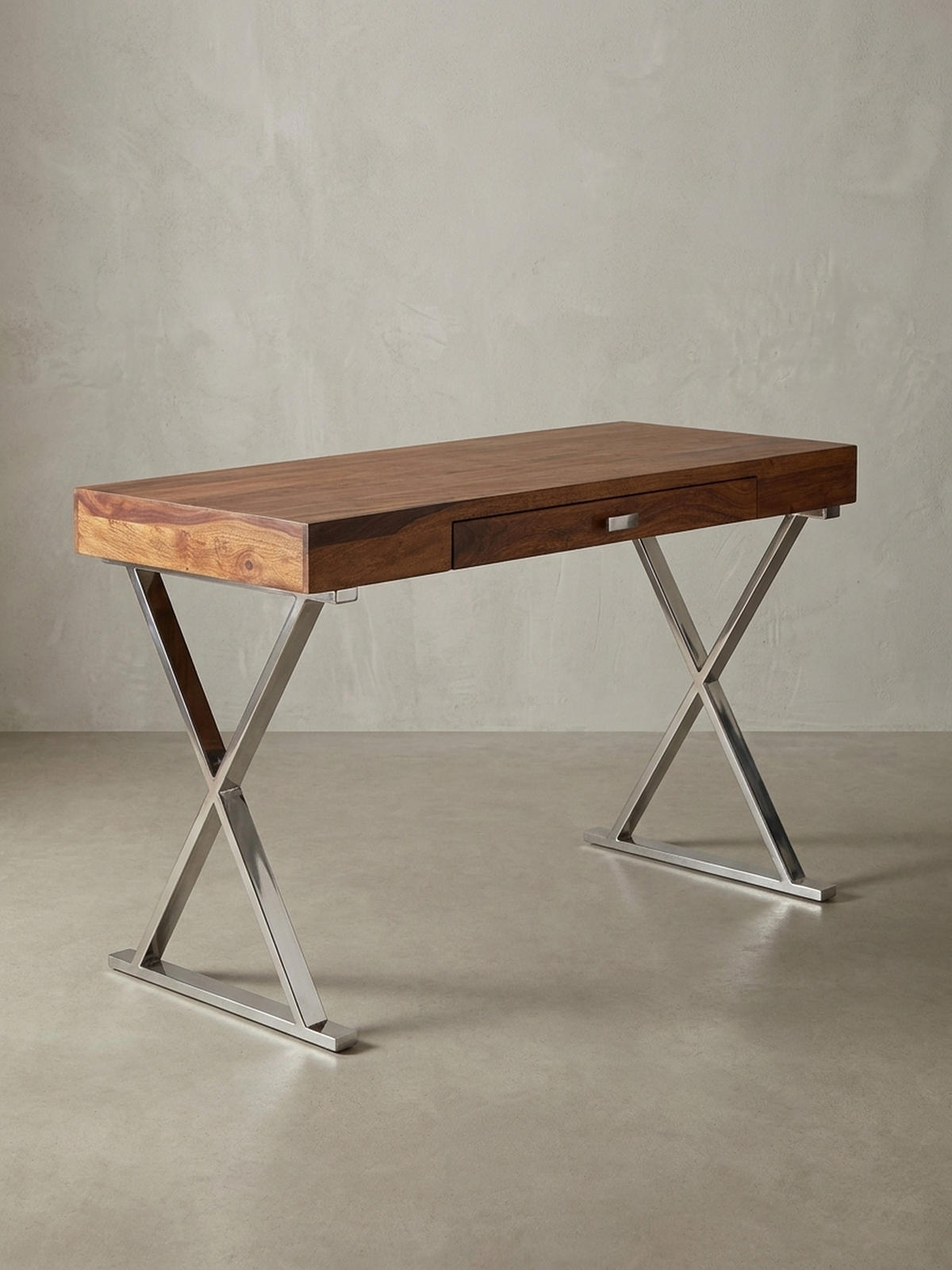 SCHREIBTISCH Massivholz X-Gestell Schublade, Silber 120x55x78 cm - Silberfarben, Holz/Metall (55/120/78cm) - KADIMA DESIGN