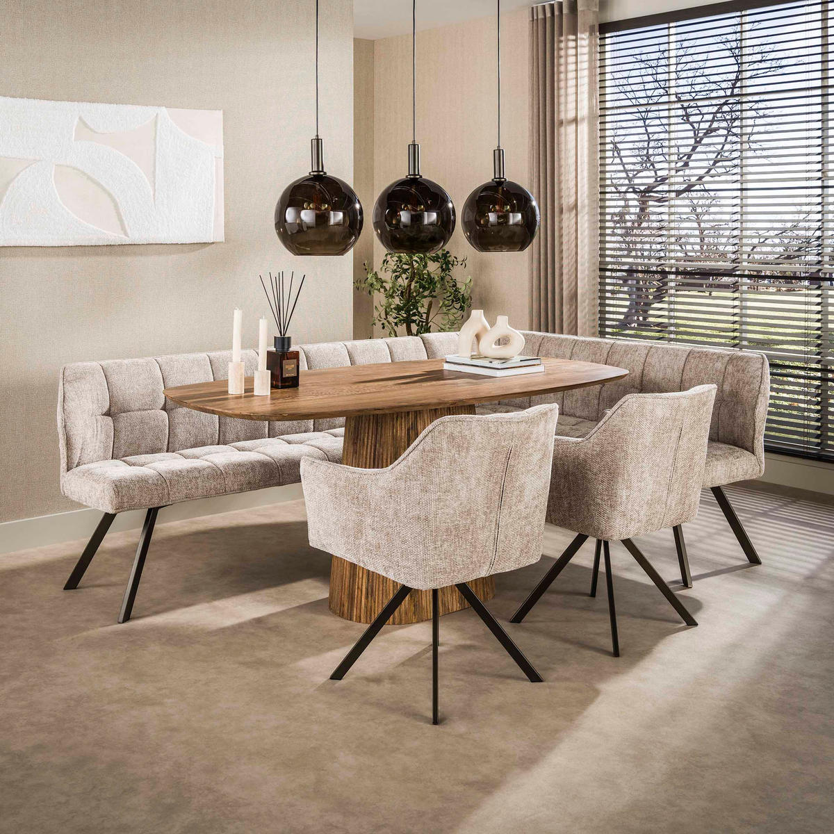 EETKAMERBANKEN Raster Beige 150/230/81 cm - Beige, Textil (230/81/150cm) - Hoyz Collection