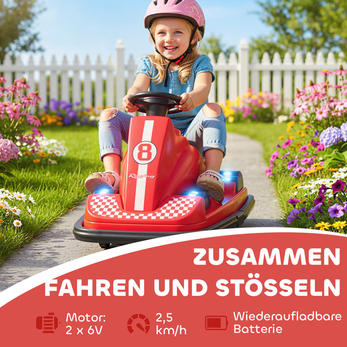 AUTOSCOOTER DE-06256 360° drehbar mit Lenkrad und LED-Lichtern Rot - Rot, Kunststoff/Metall (74/53/48cm) - ComfortXL