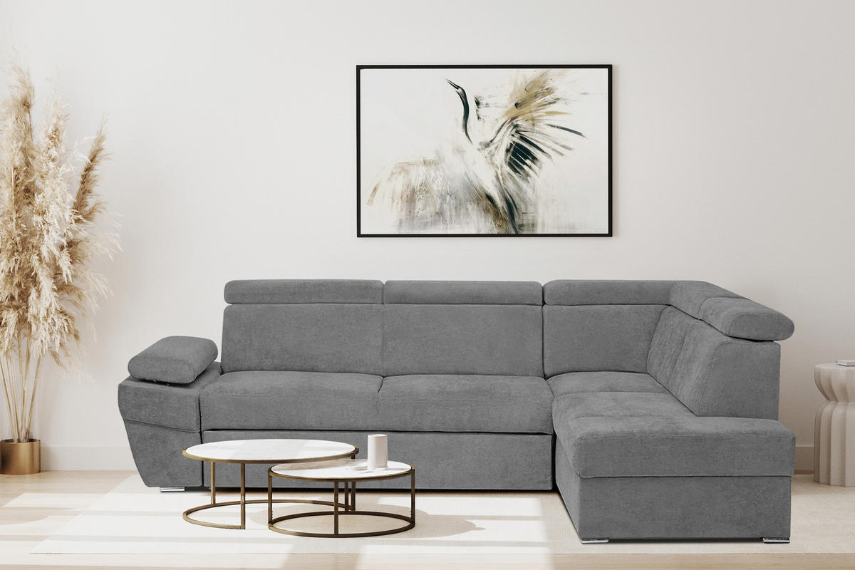 SCHLAFECKSOFA RATLO rechts 4/5-Sitzer mit Bettkasten in Lederoptik, grau - Silberfarben/Hellgrau, Textil (270/190cm) - KONSIMO®