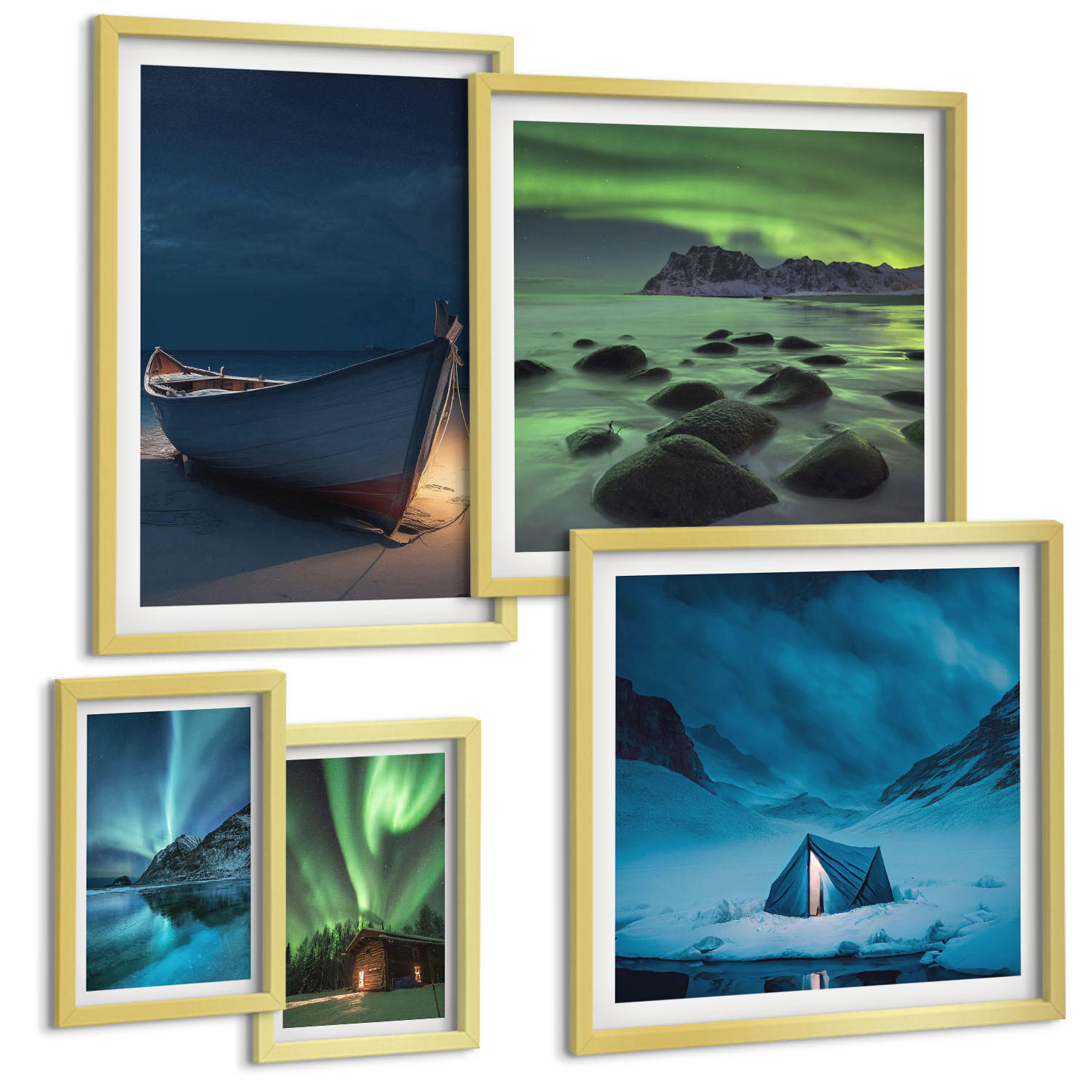 BILDER SET 5er Set - 50x50 cm & 20x30 cm & 40x60 cm Goldrahmen - Winterlandschaften, Nordlichter, Berge - Goldfarben, Kunststoff (40/60cm) - TULUP