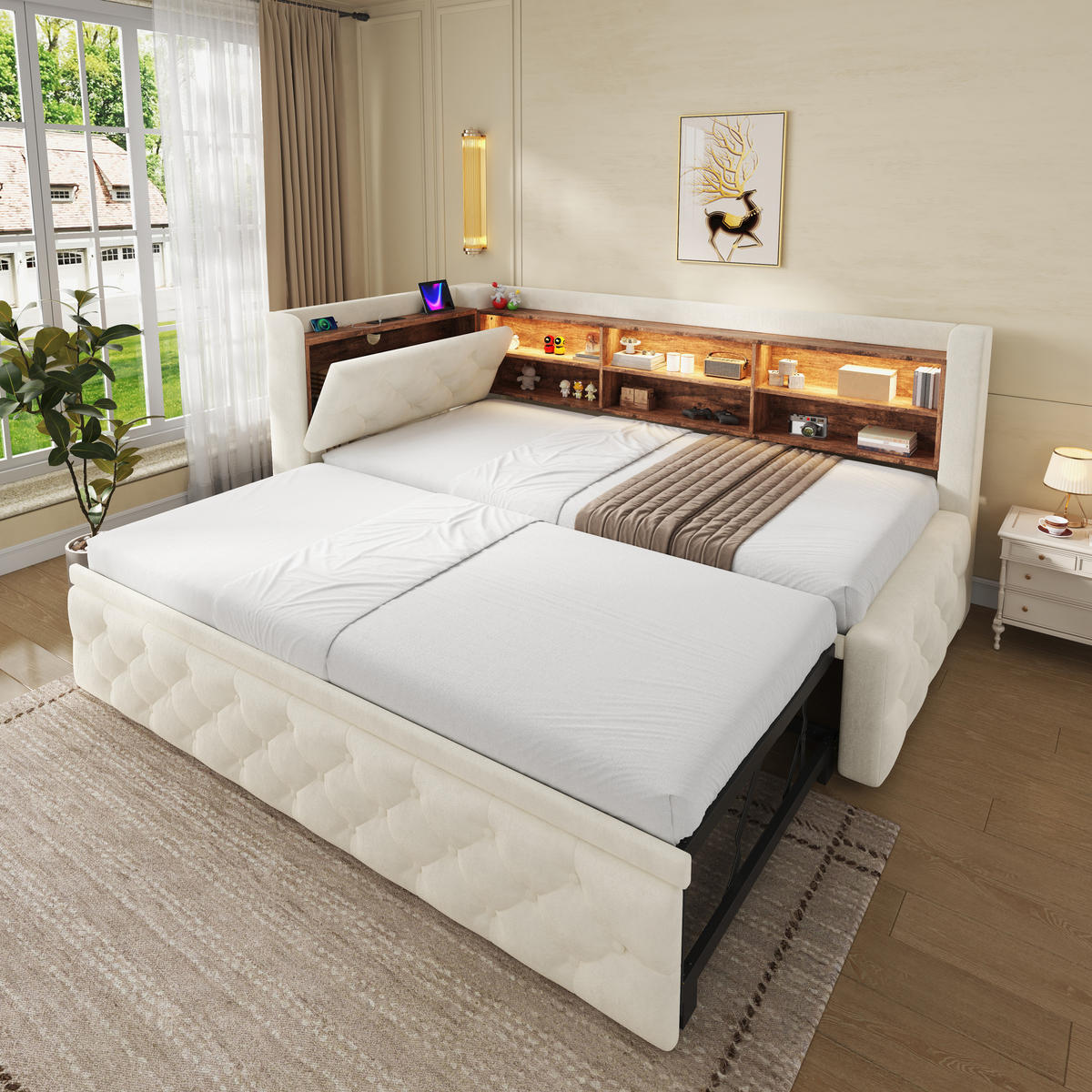TAGESBETT Ausziehbar 90/180x190cm, Samt, LED/USB/Stauraum, Beige - Beige, Holz/Textil - LVHOM