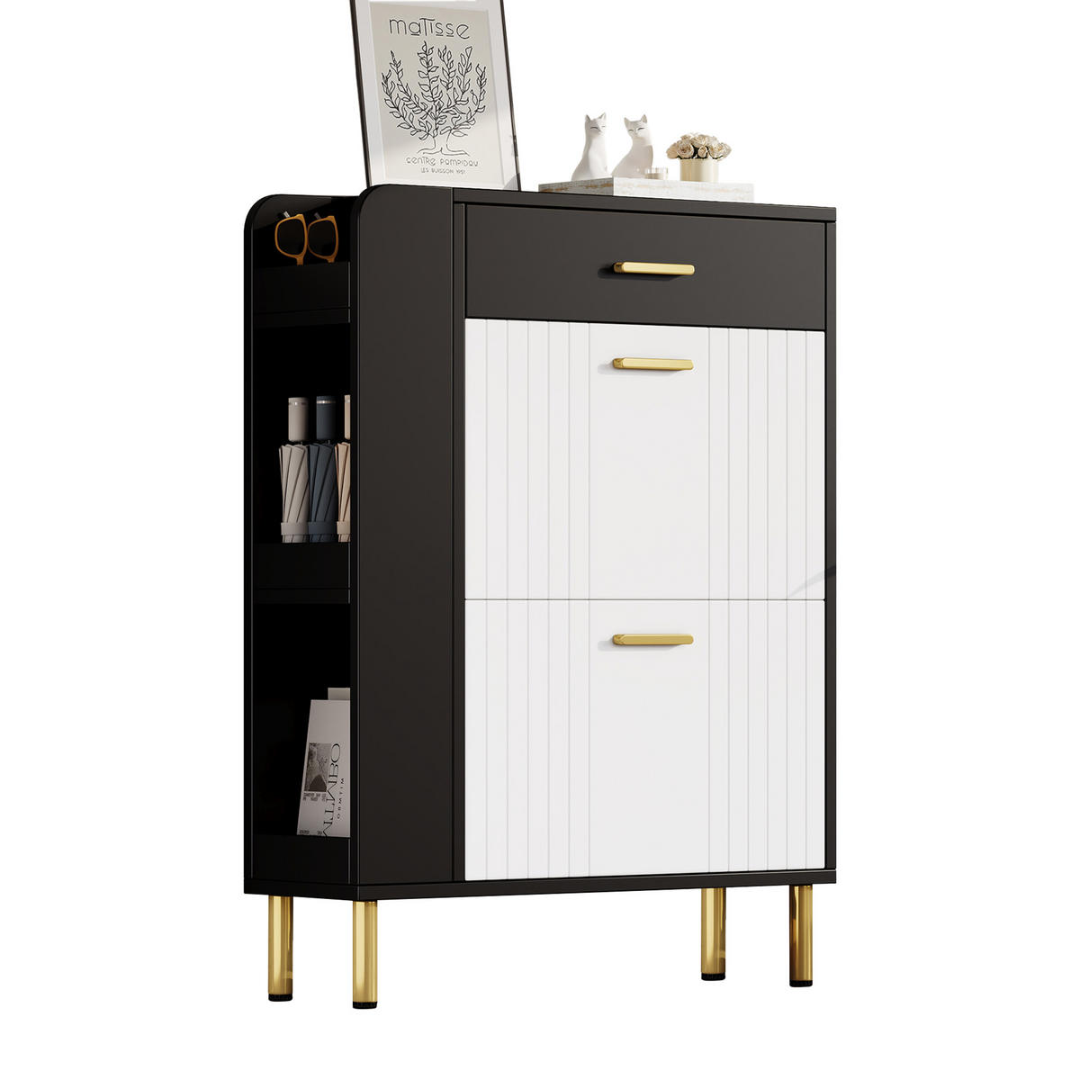 SCHUHSCHRANK 80/24/105 cm weiß/schwarz aus MDF mit Klappenfächern - Weiß, Holzwerkstoff (80/105/24cm) - OKWISH