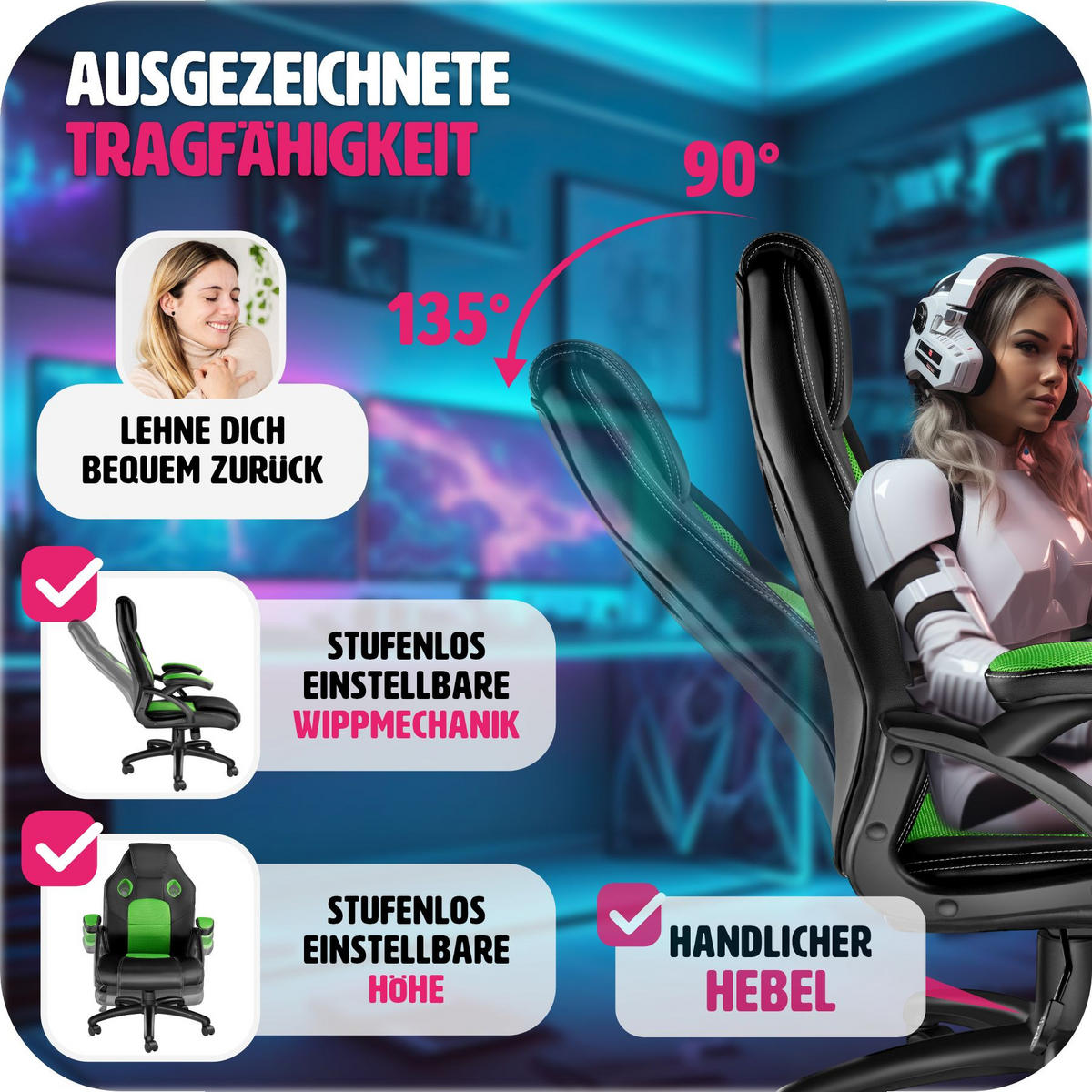 BÜROSTUHL Mike,stufenlos höhenverstellbar,schwarz/grün - Schwarz/Grün, Leder (68/114.5/69cm) - tectake