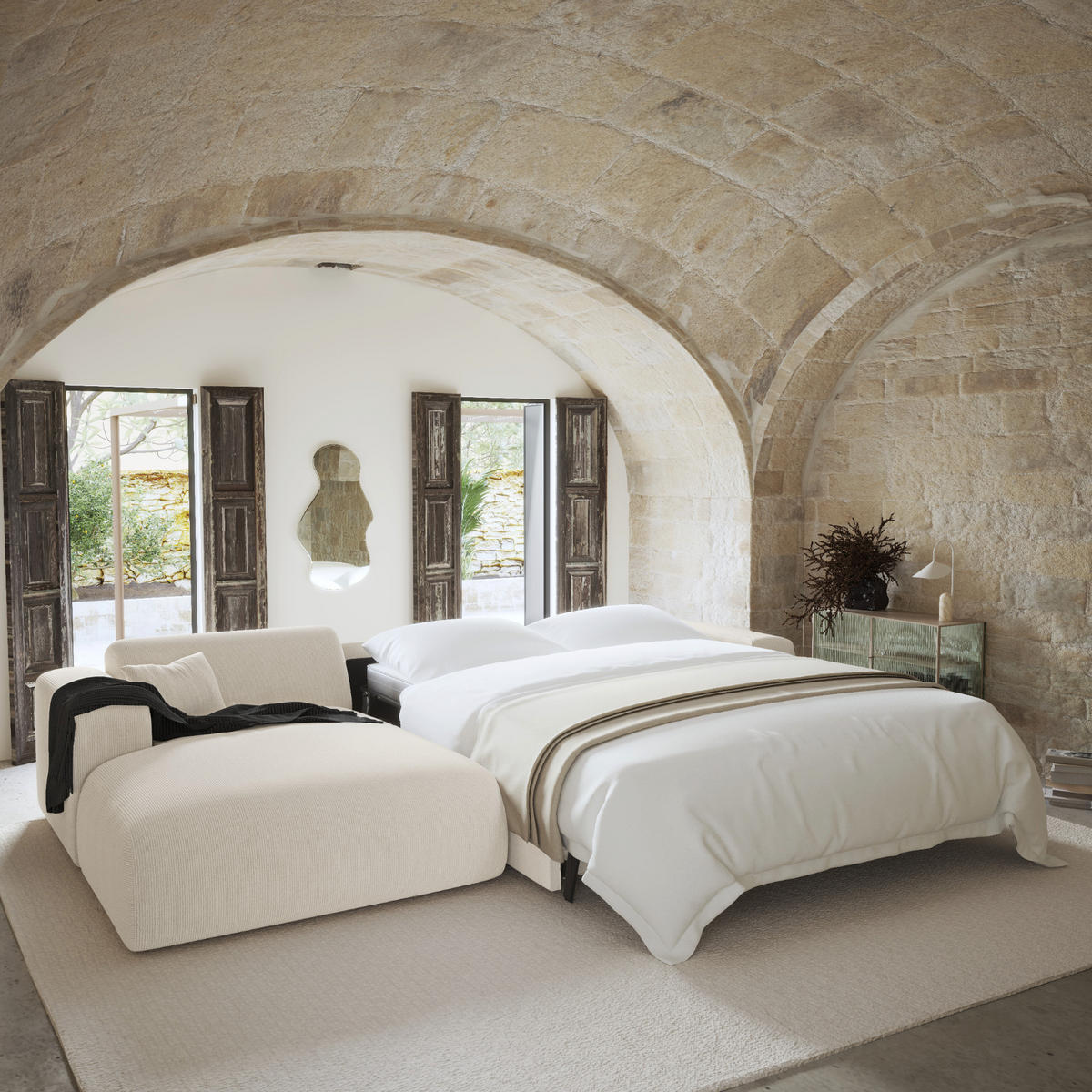 ECKSOFA LINKS SCHLAFSOFA Gerippter Samt Creme 280cm - Creme, Textil (165/280cm) - Sia Home