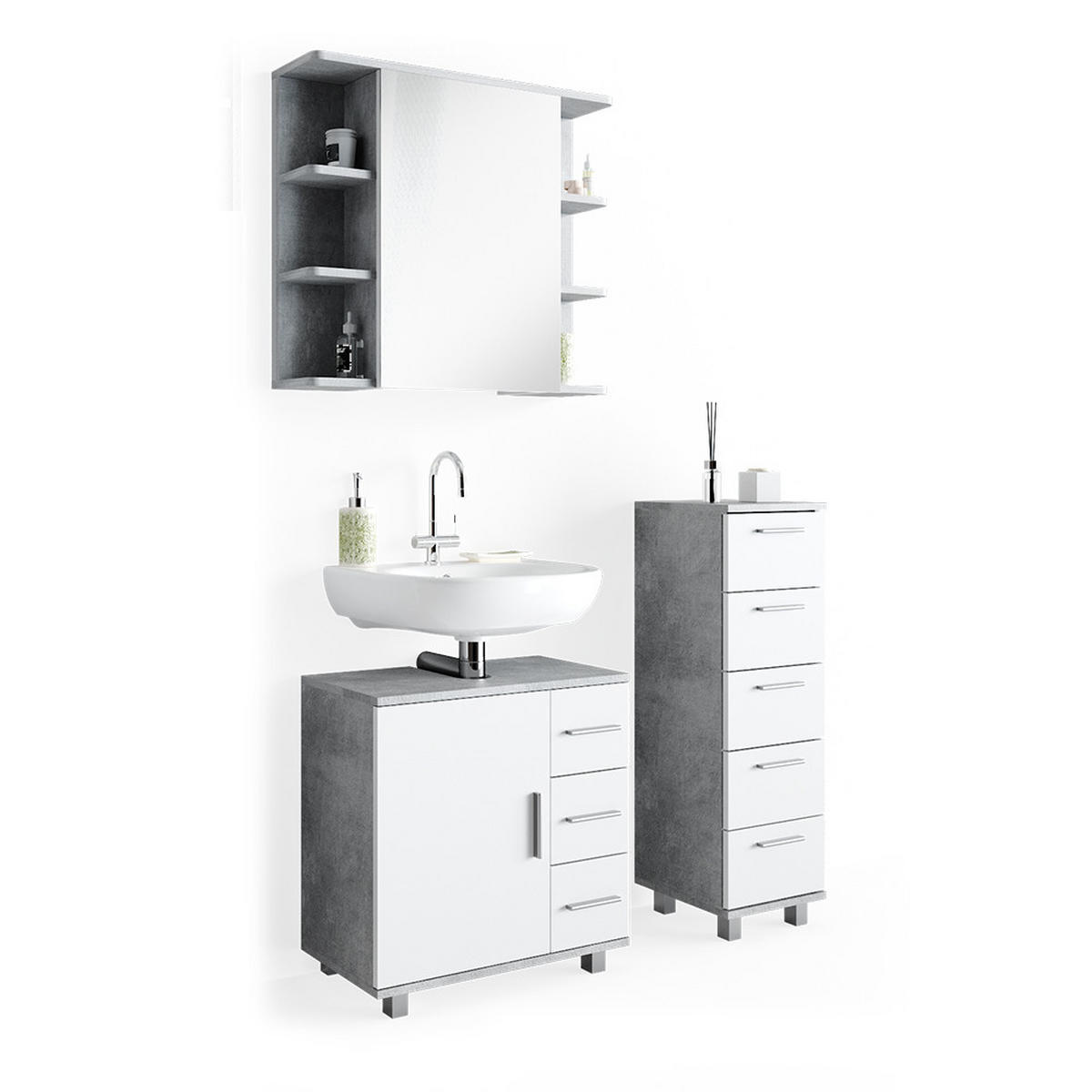 BADMÖBEL-SET Ilias Beton 3 Teile, mit Midischrank - Weiß/Grau, Holzwerkstoff (60/60.8/33cm) - Vicco