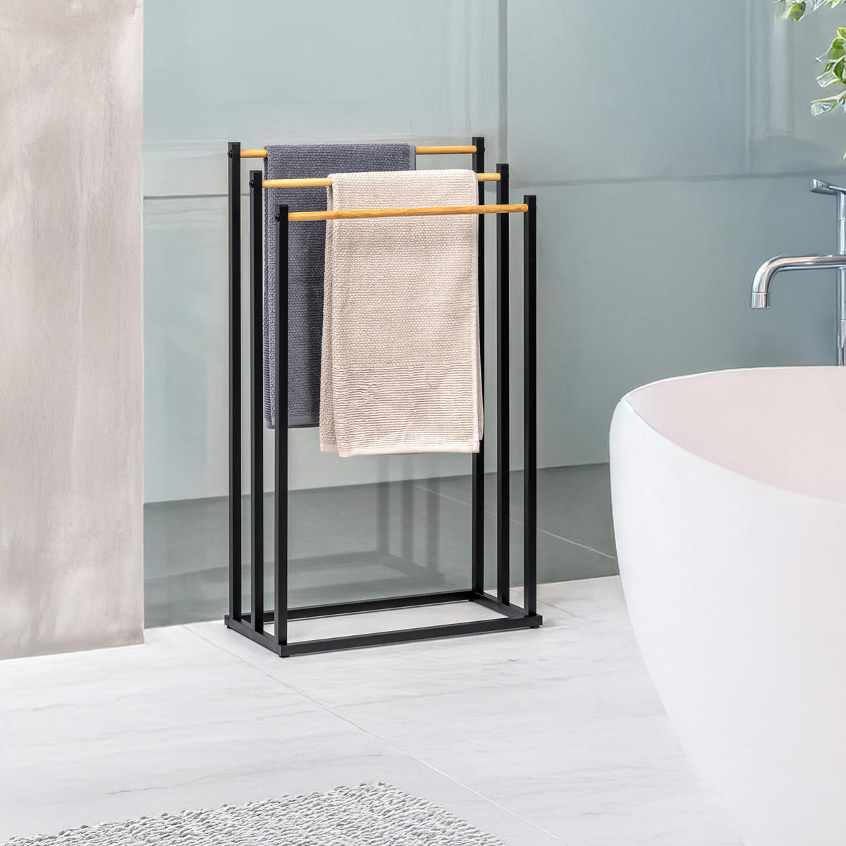 STAND-HANDTUCHHALTER, Bambus/Metall schwarz - Schwarz, Metall (45.5/76.5/22cm) - eluno