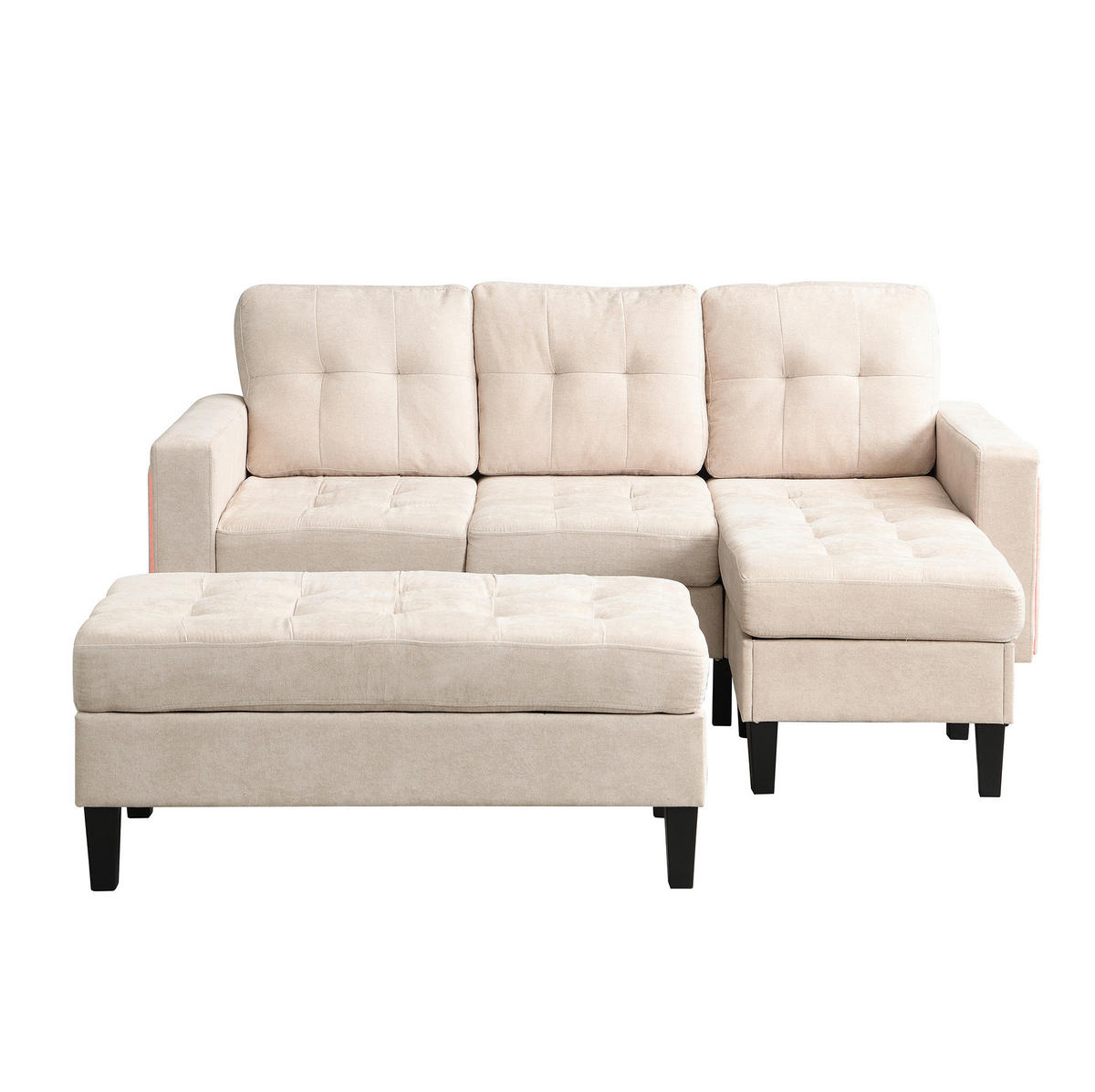 ECKSOFA 185/135/85 cm beige aus Chenille mit LED, USB und Fußhocker - Beige, Kunststoff (135/185cm) - OKWISH