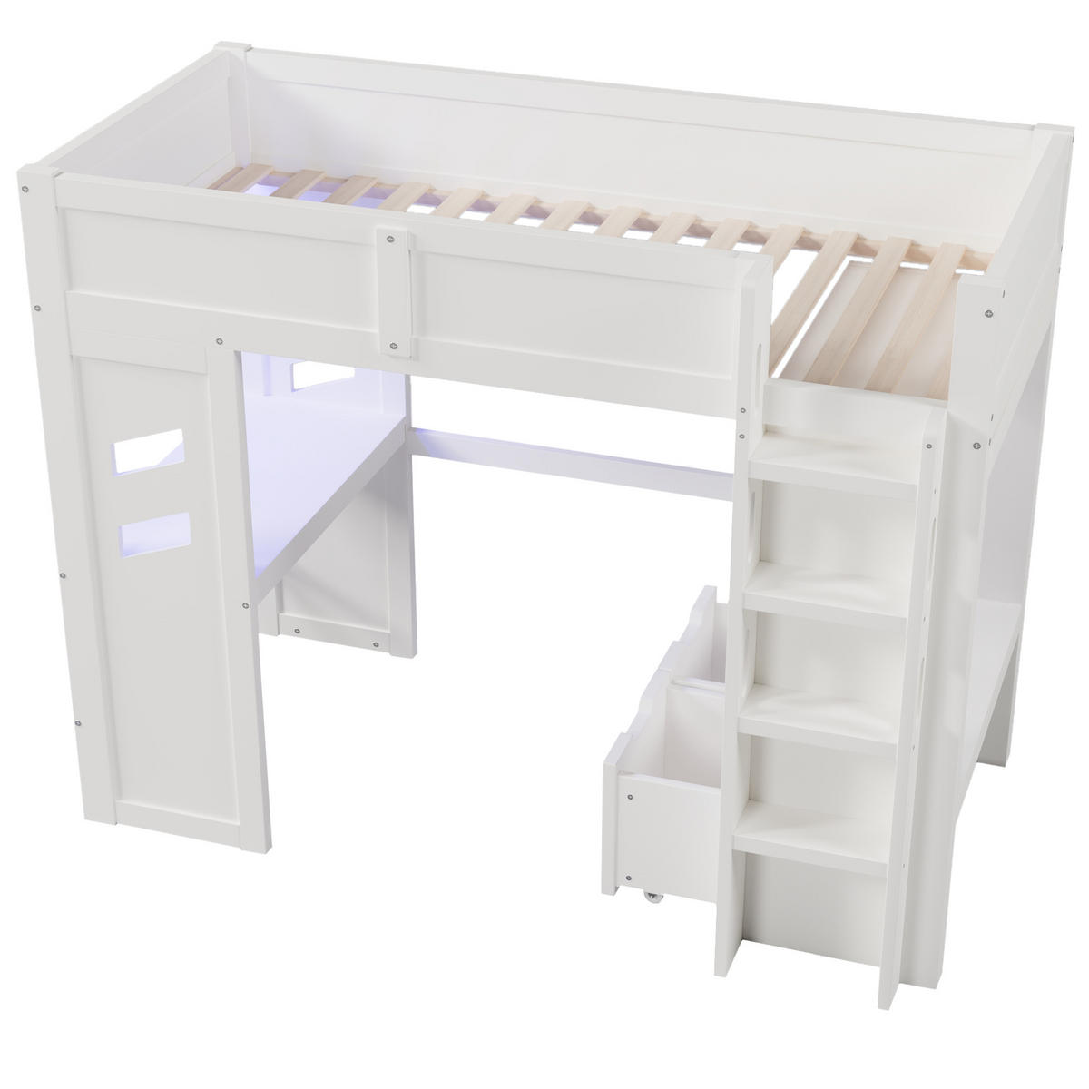 HOCHBETT 90/200 cm in Weiß mit Schreibtisch, 2 Schubladen, LED, USB und Type-C - Weiß, Holz/Holzwerkstoff (90/200cm) - STILVORA