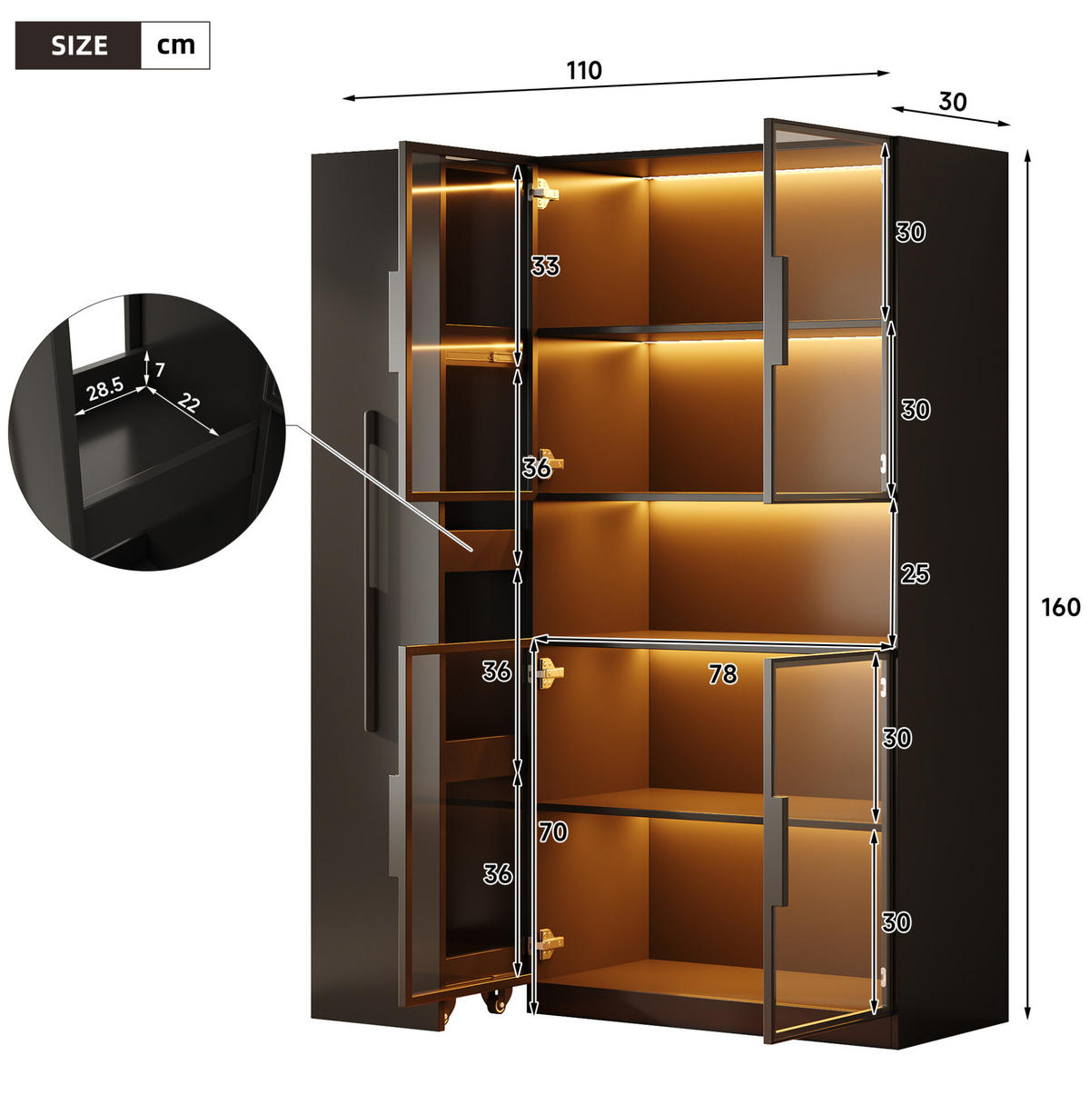 HIGHBOARD 110/35/160 cm mit LED-Beleuchtung und Glaseinsatz in Schwarz - Schwarz, Holzwerkstoff (110/160/35cm) - BEAOK