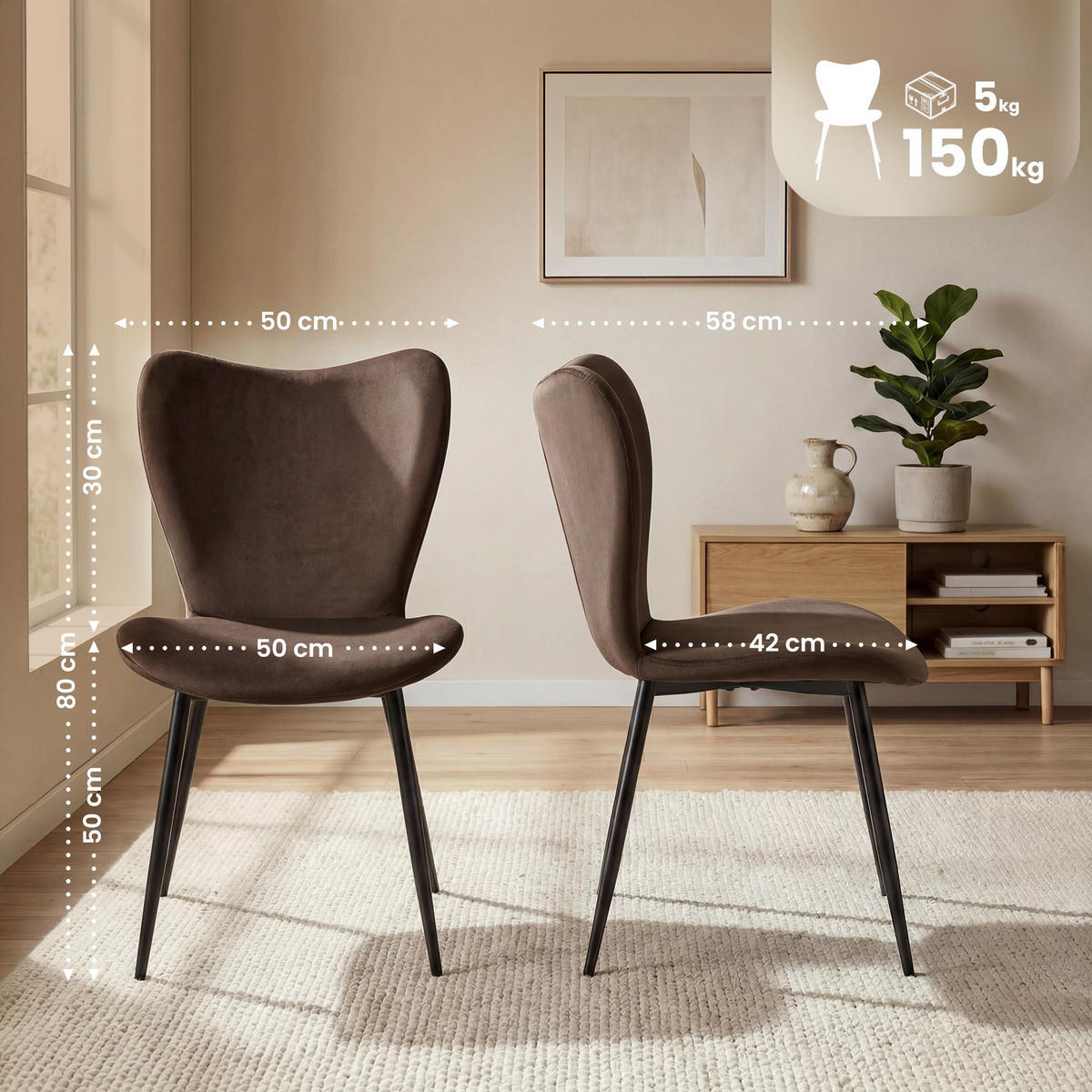 ESSZIMMERSTUHL Samt Braun - Schwarz/Braun, Textil/Metall (50/80/58cm) - CLP