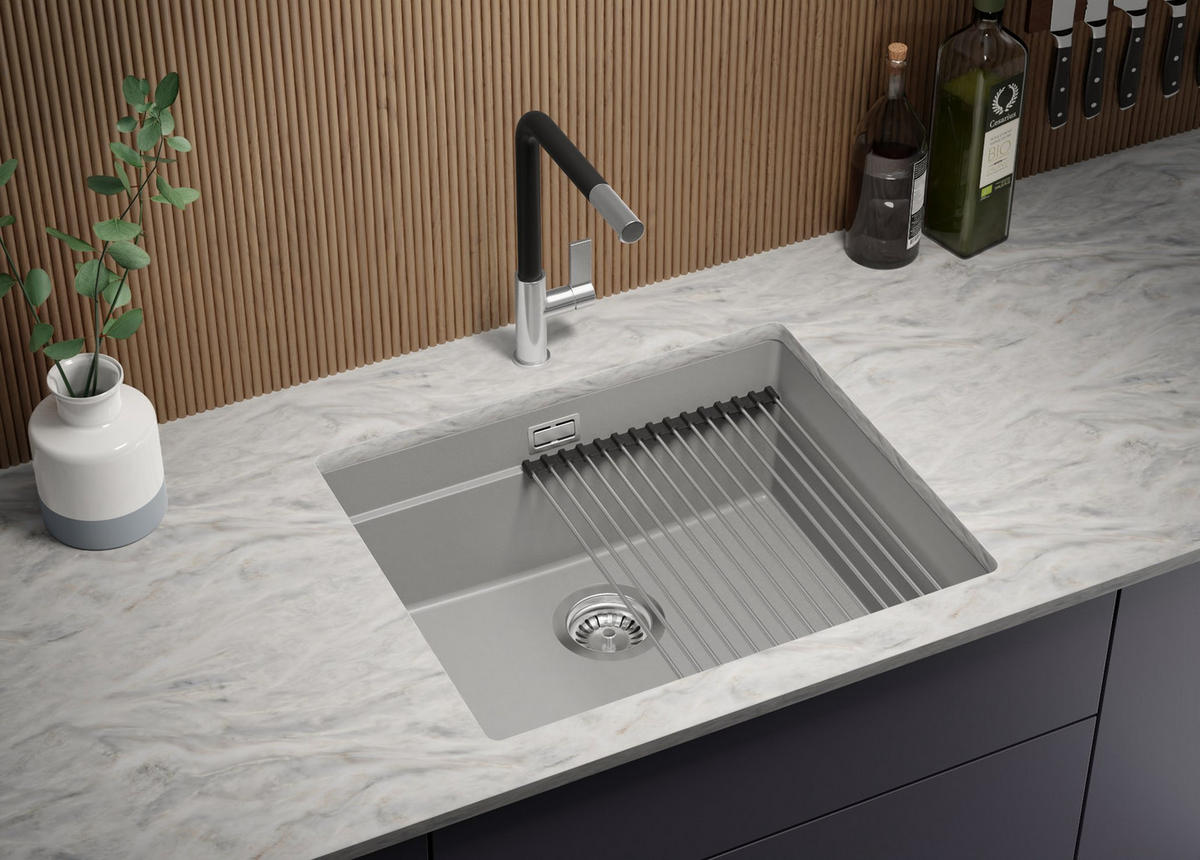 UNTERBAUSPÜLE GRANIT Praga, 2-er set Grau 56/47 cm 1 Becken + Ablauf-Set + Aufrollbare Abtropffläche ab 60er Unterschrank - Chromfarben/Grau, Kunststoff (56/20/47cm) - Primagran