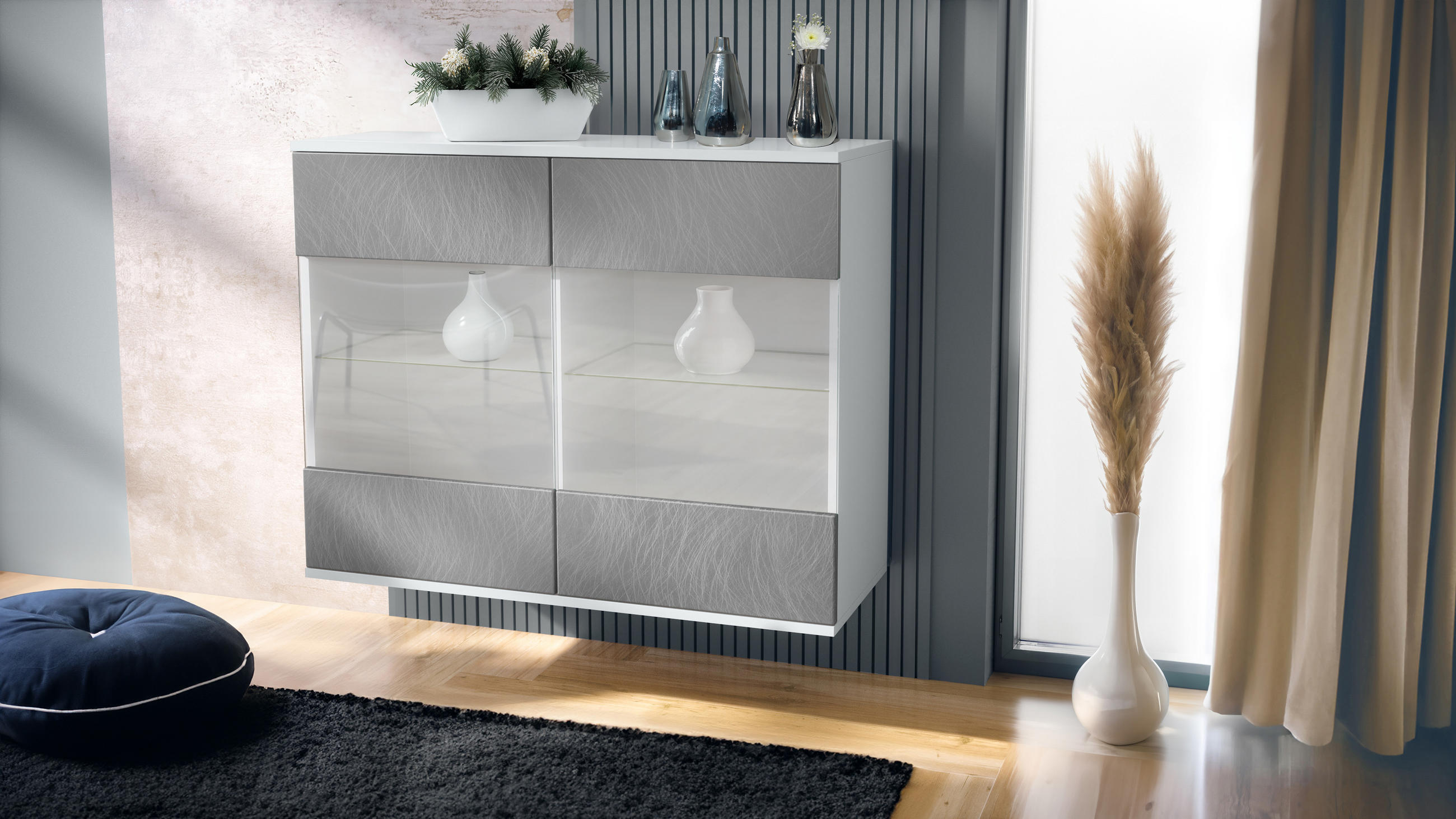 KOMMODE Bari Scratchy Metal - Silberfarben, Holzwerkstoff (92.5/73.5/35cm) - Vladon