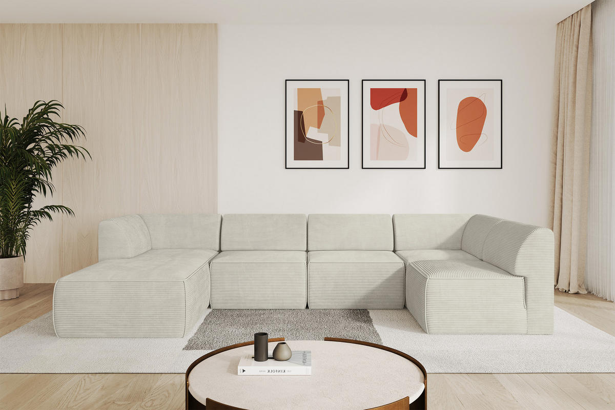WOHNLANDSCHAFT Ottomane Links MOVO-L 345x180x78 cm Cream Cord - Creme, Holzwerkstoff/Kunststoff (345/78/180cm) - ALTDECOR