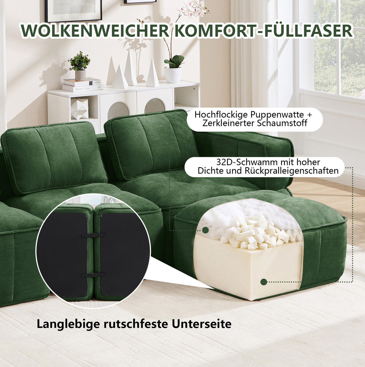 SOFA 198/93/67 cm in Grün aus Polyester mit tiefer Sitzfläche - Grün, Kunststoff (93/67/198cm) - Flora Grace