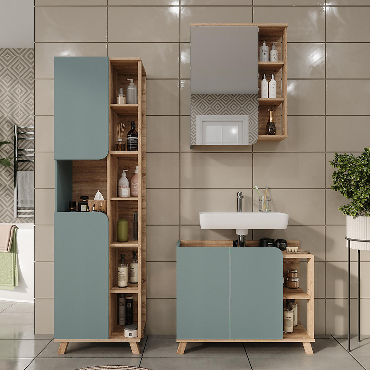 KOUPELNOVÝ NÁBYTEK Karen Sonoma/modrá - Sonoma dub/tmavě modrá, kompozitní dřevo (80/65/35cm) - Vicco