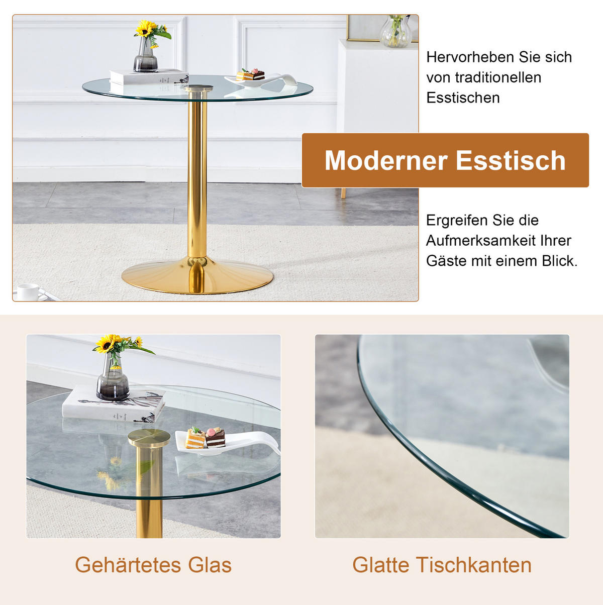 ESSGRUPPE aus Glastisch und 4 Stühlen 85 cm Schwarz/Gold - Multicolor, Metall (85/76/85cm) - Meubliv