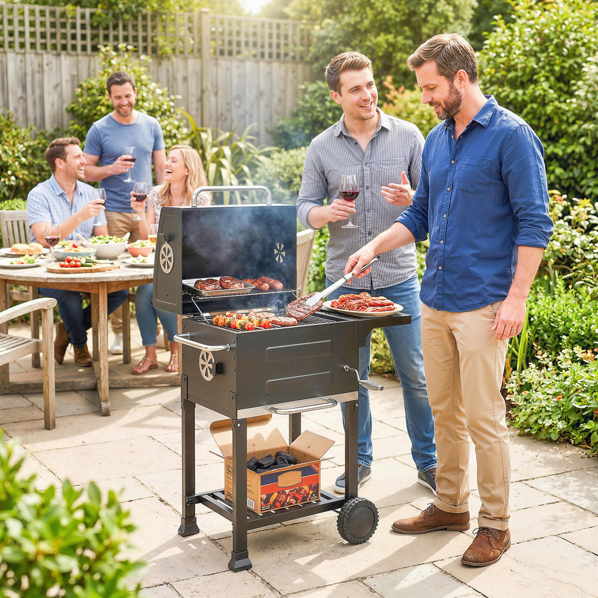 HOLZKOHLEGRILL DE-10244 kompakt mit Deckel und Thermometer Schwarz - Schwarz, Metall (59/94/75cm) - ComfortXL