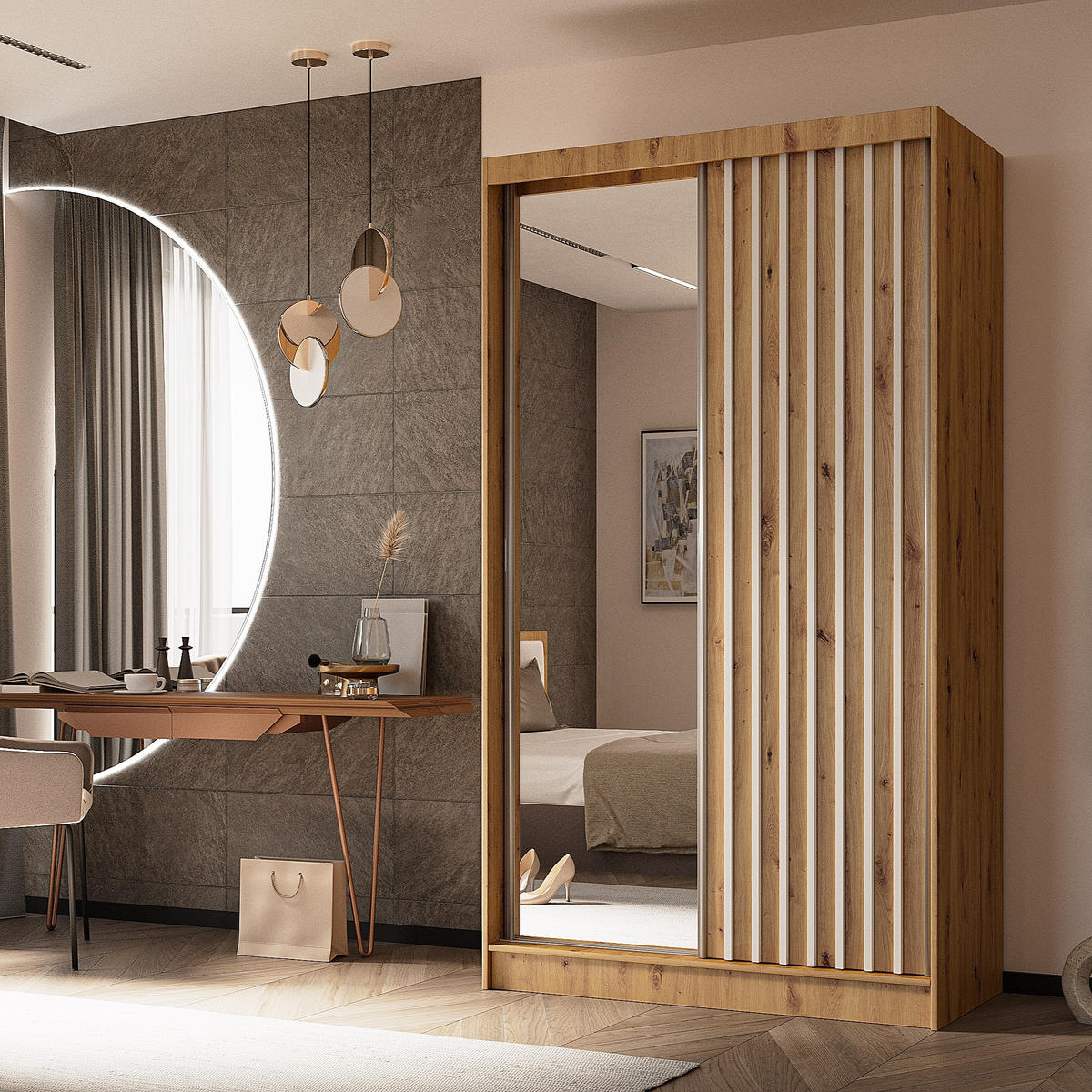 SCHWEBETÜRENSCHRANK LAMELLO 120/216/61 cm 2-türig mit Spiegel Eiche Artisan - Eiche Artisan, Holzwerkstoff (120/216/61cm) - MASSENO