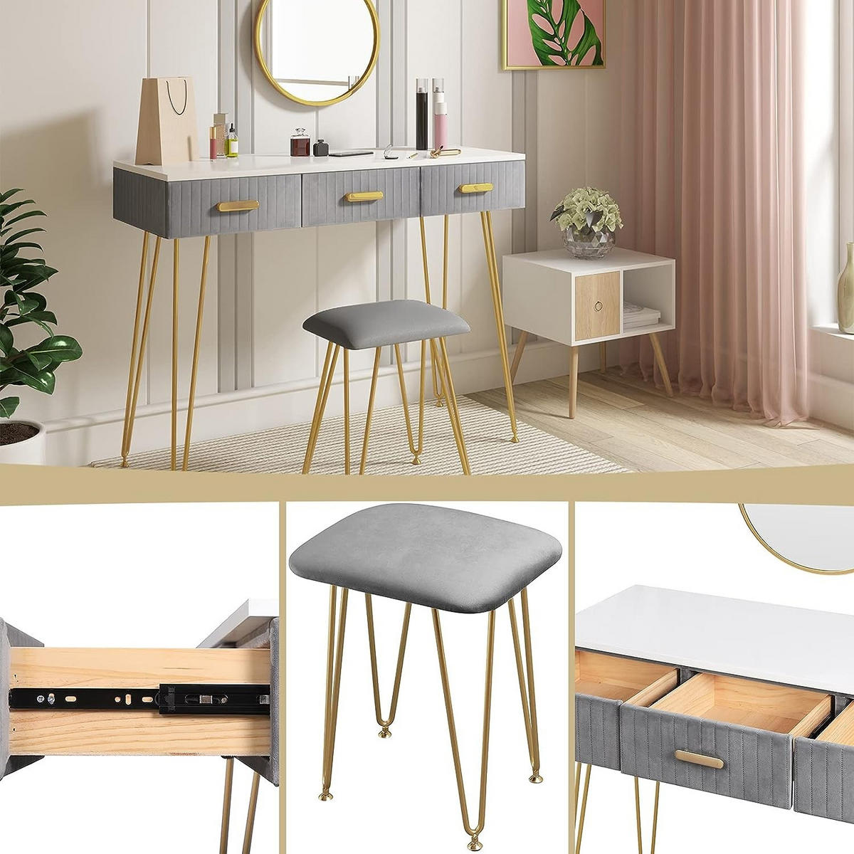 SCHMINKTISCH mit Hocker Spiegel - Goldfarben/Grau, Holzwerkstoff/Metall (100/77.5/40cm) - Woltu