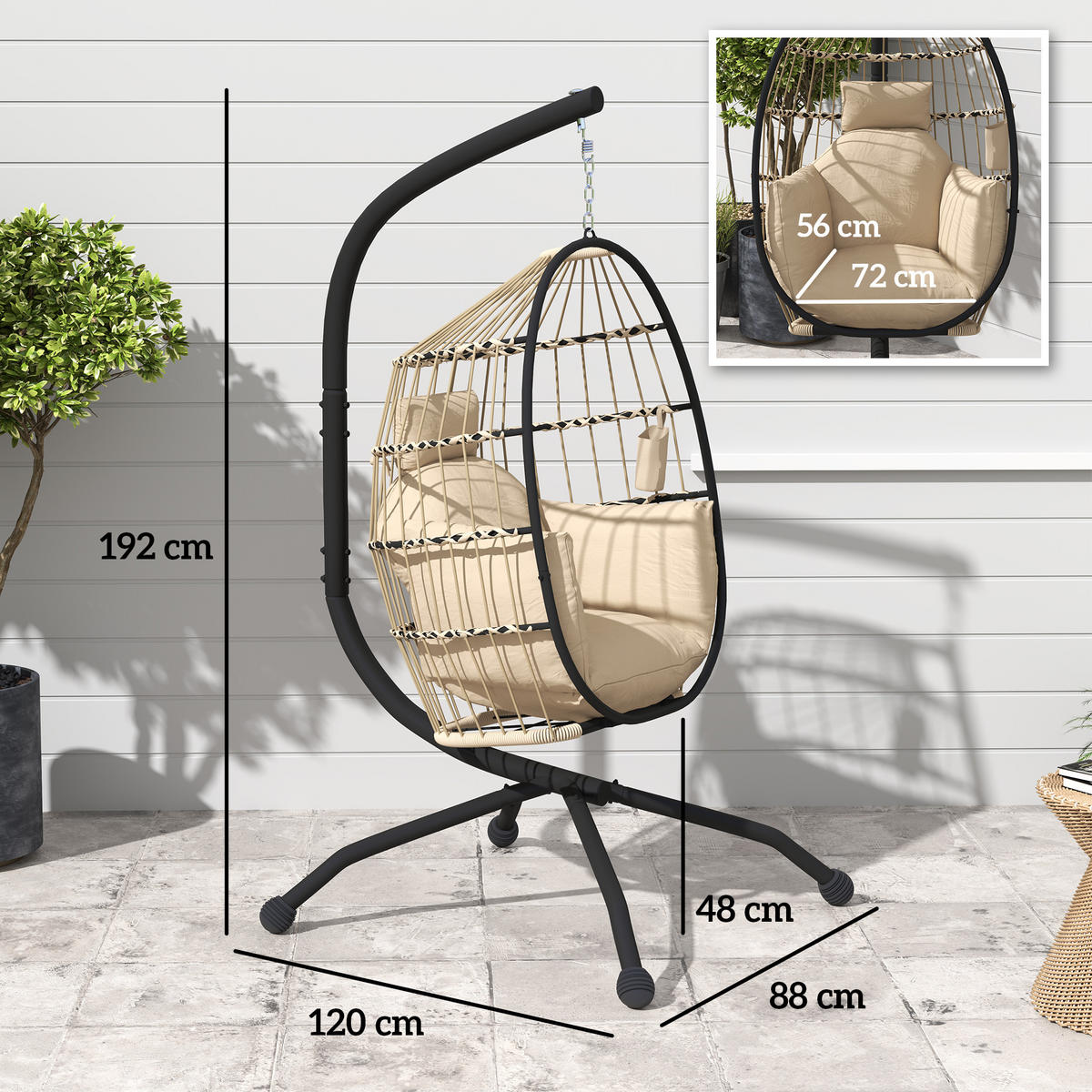 HÄNGESESSEL mit Sitzkissen faltbar Khaki - Schwarz, Textil/Metall (88/192/120cm) - Outsunny