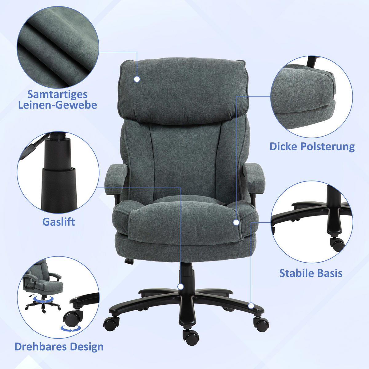 BÜROSTUHL, Ergonomisch Schreibtischstuhl mit Wippfunktion, Leinenoptik, Grau - Grau, Textil (79/125/68.5cm) - HOMCOM
