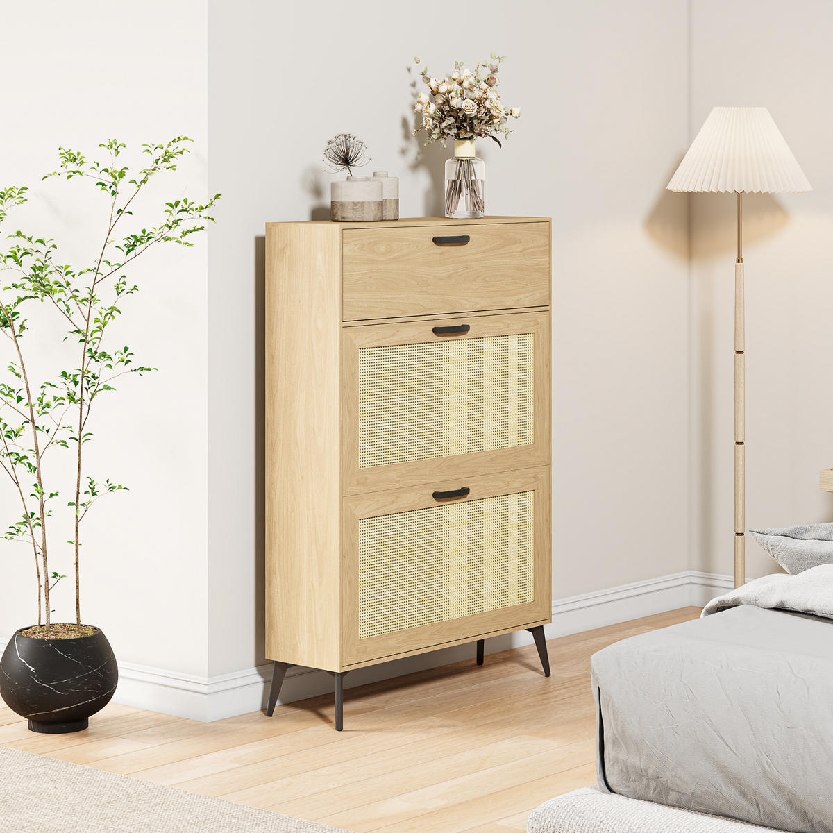 SCHUHSCHRANK Rattan Holz 80x23x114 cm Stauraum - Naturfarben, Holz (24/114/80cm) - LEBENLANG