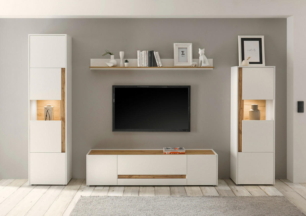 WOHNWAND weiß, Eiche Wotan 4-teilig 310 cm, Wohnkombination modern - Eiche Wotan/Schwarz, Glas/Holz (310/197/45cm) - Furn.Design