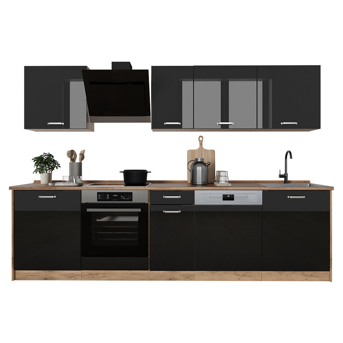 KÜCHENZEILE R-Line, Schwarz Hochglanz/Goldkraft Eiche, 280 cm Arbeitsplatte Anthrazit - Honigeiche/Schwarz Hochglanz, Holzwerkstoff (280/206.8/60cm) - Vicco