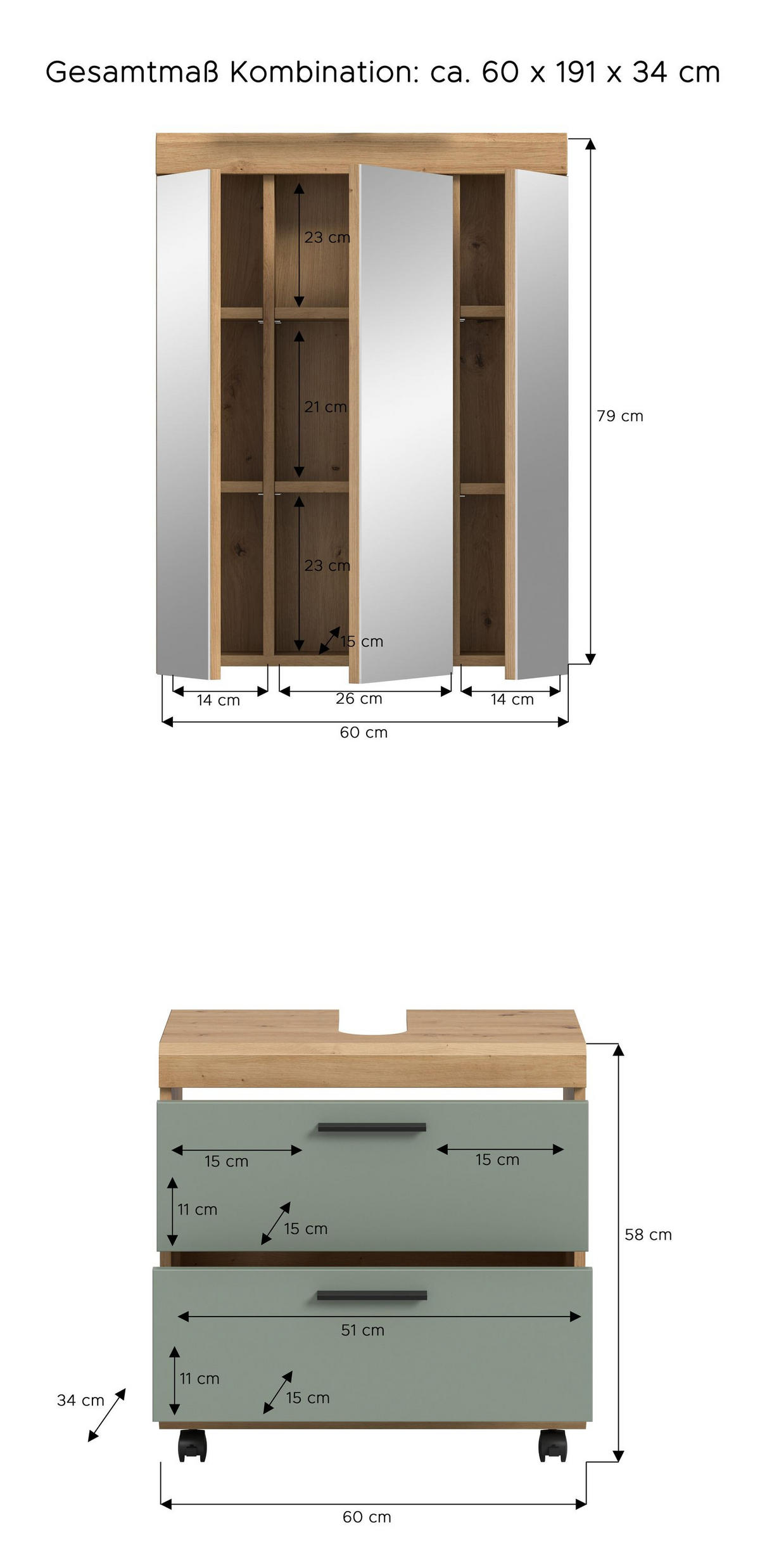 BAD-SET auf Rollen SCOUT 3-tlg. (B/H/T: ca. 60/191/34 cm) in Artisan Eiche Nachbildung/Salbei - Eiche Artisan, Holzwerkstoff (60/191/34cm)