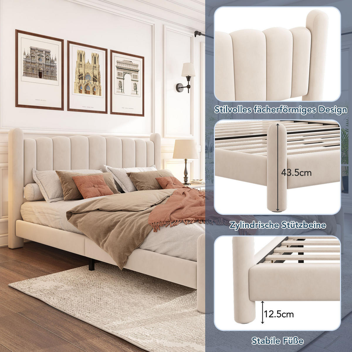 POLSTERBETT 180/200 cm beige aus Samt mit Lattenrost und Wellenkopfteil - Beige, Textil (180/200cm) - OKWISH