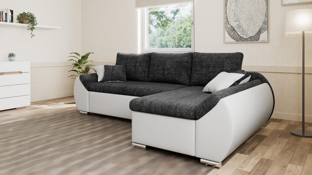 ECKSOFA - ALEX – Schwarz + Weiß (Lawa 06 + Soft 17) - Rechts - Schwarz, Holzwerkstoff/Metall (275/155cm) - Möblo