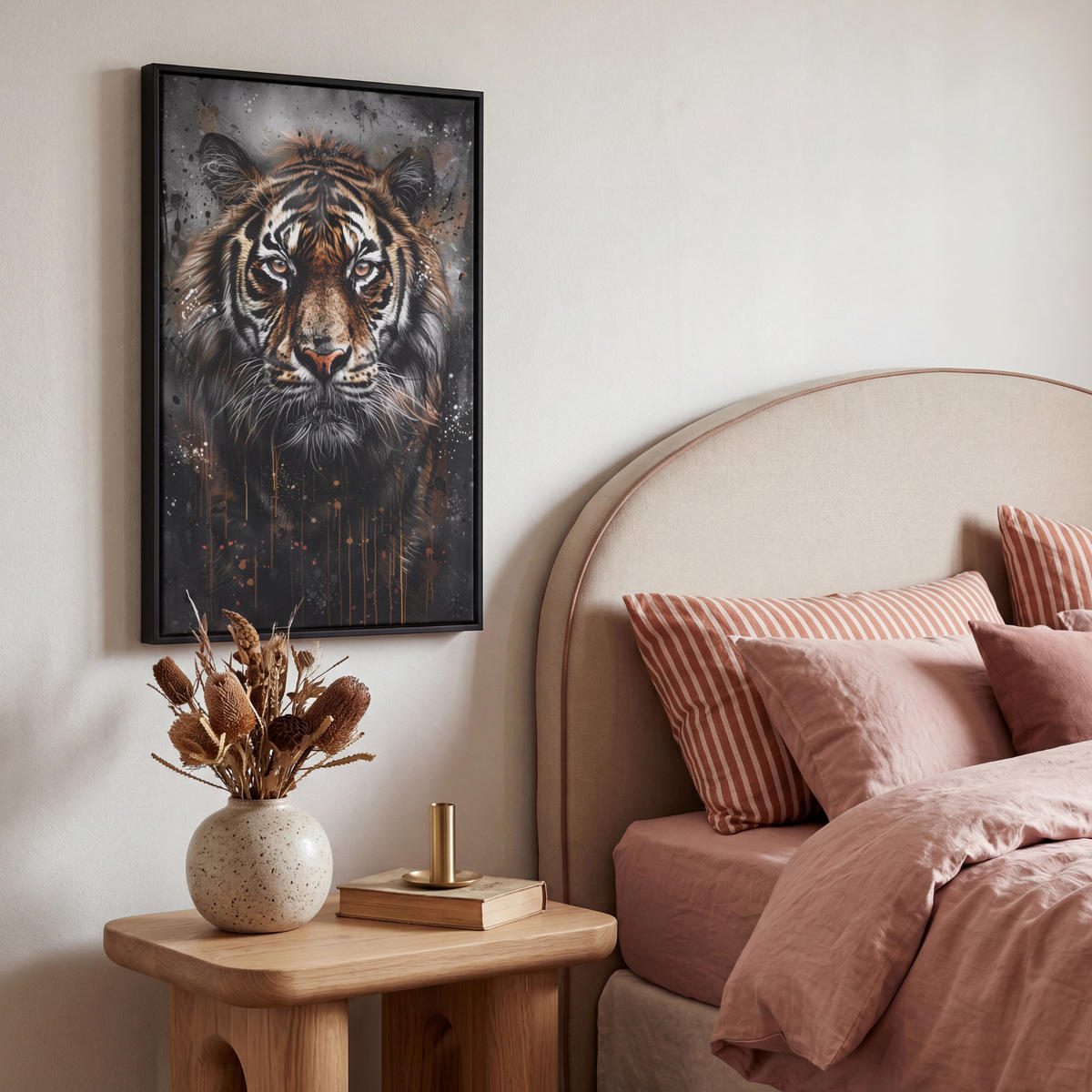 LEINWAND Bilder mit Rahmen - Tiger - Tiere - Porträt - Luxus - Schwarz - 40x60 - Braun, Textil (40/60cm) - MuchoWow