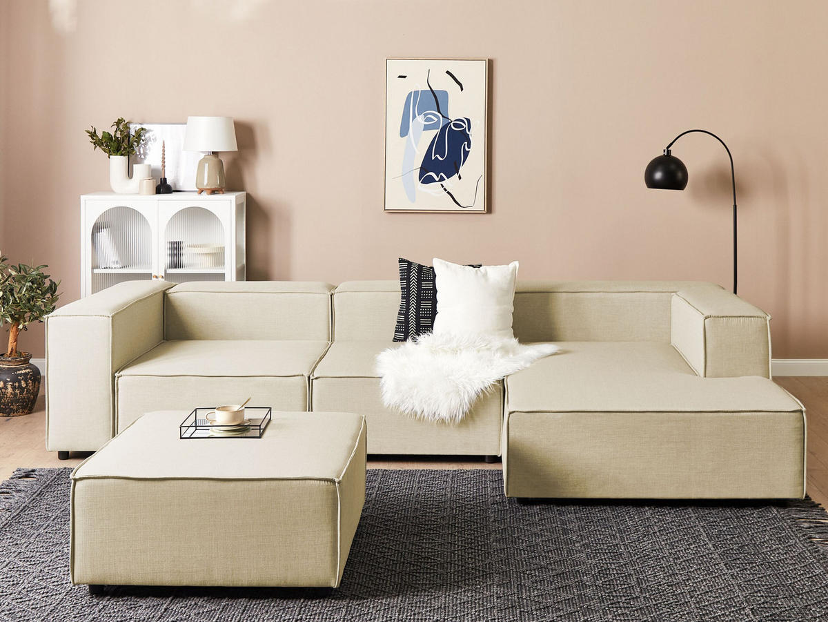 3-SITZER-ECKSOFA Leinen beige rechtsseitig mit Ottomane Aprica - Beige/Schwarz, Textil (326/180cm) - Beliani